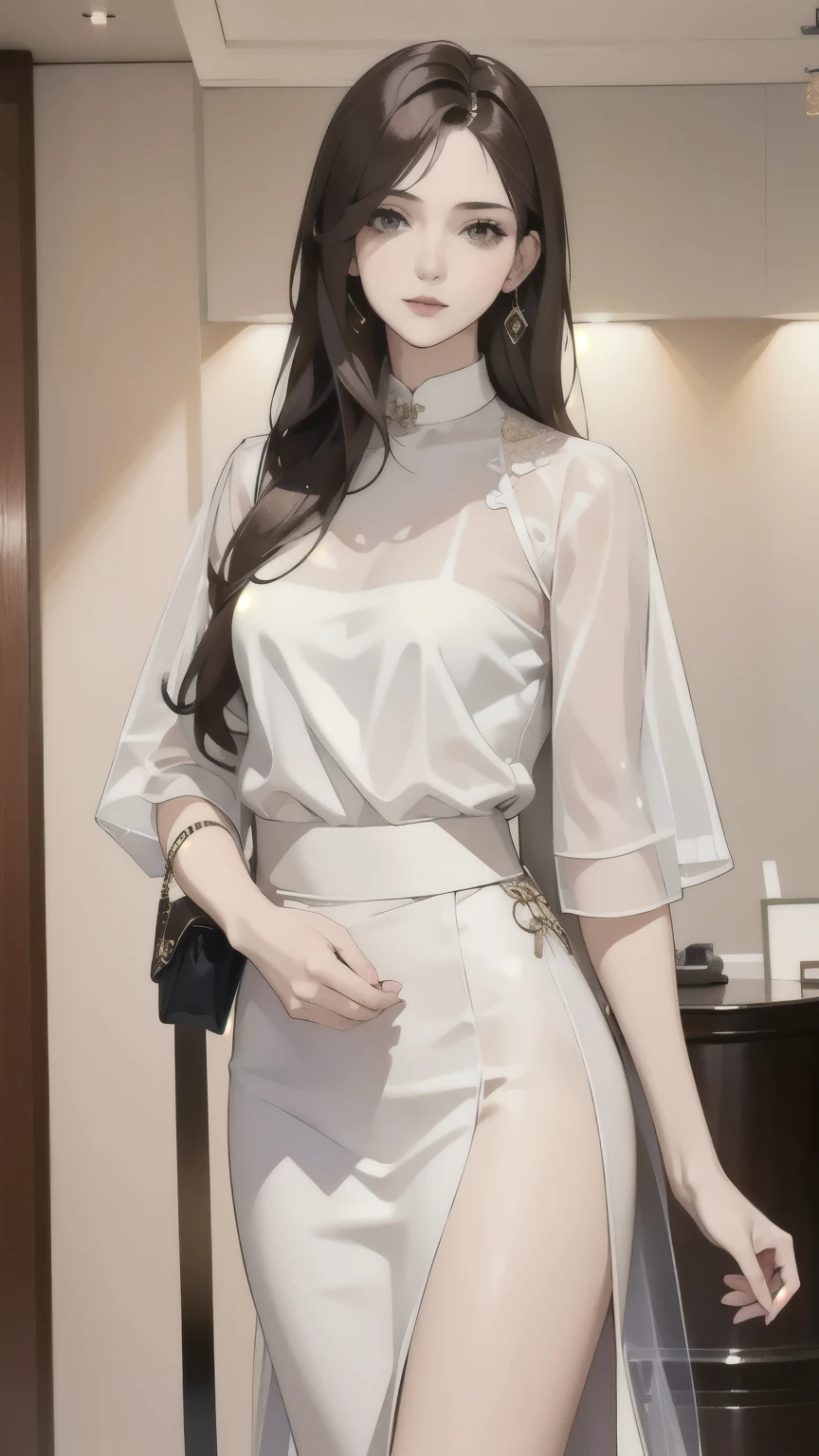 Tall women wearing everyday clothes made of transparent material、 full body、 Hotel Lobby Background 、 Fashion Trend 2025 ,( masterpiece, armour skirt :1.2), A girl , Alone