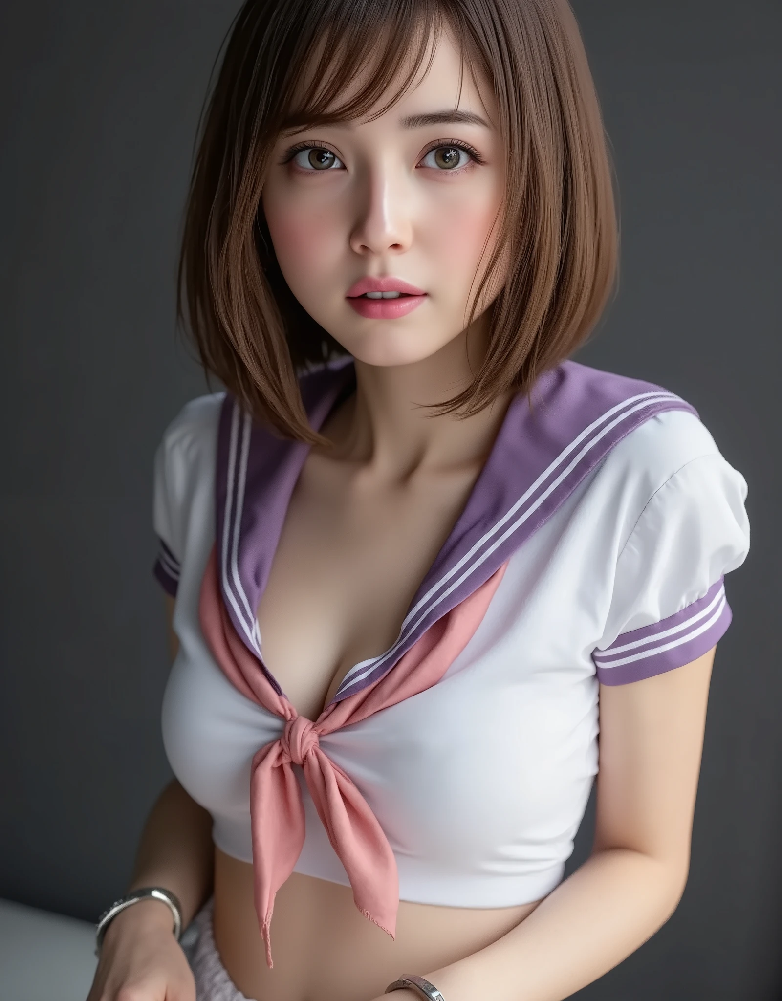 NSFW, (Highest quality), (Ultra-precise CG 16K wallpaper), (Realistic: 1.6), (High saturation), (Sharp), Beautiful detailed shading, Beautiful natural lighting, Beautiful detail glow, (Bright sunlight in the daytime), Natural light, Depth of field, (Mature 24 year old woman, One person: 1.6), (Very beautiful Japanese face), (Sasaki Nozomi), (Straight medium bob hair, bangs: 1.6), (Shiny brown hair), (Sparkling eyes), (C cup size breasts, cleavage: 1.6), (Beautiful breasts), (Beautiful legs), (Beautiful skin), (Sunken belly button: 1.6), Beautiful proportions, (Half-open mouth and crying face: 1.8), (looking at me:1.6), (White cropped sailor uniform, purple sailor collar, pink scarf:1.6), (White lace bikini panties), (Pin-up idol pose:1.6), (Dark gray room), (Full screen image:1.6), (Image from head to thighs:1.8), (Image of a woman seen from the diagonal front:1.6), (A woman handcuffed and confined in a dark gray room in the middle of the night:1.8),