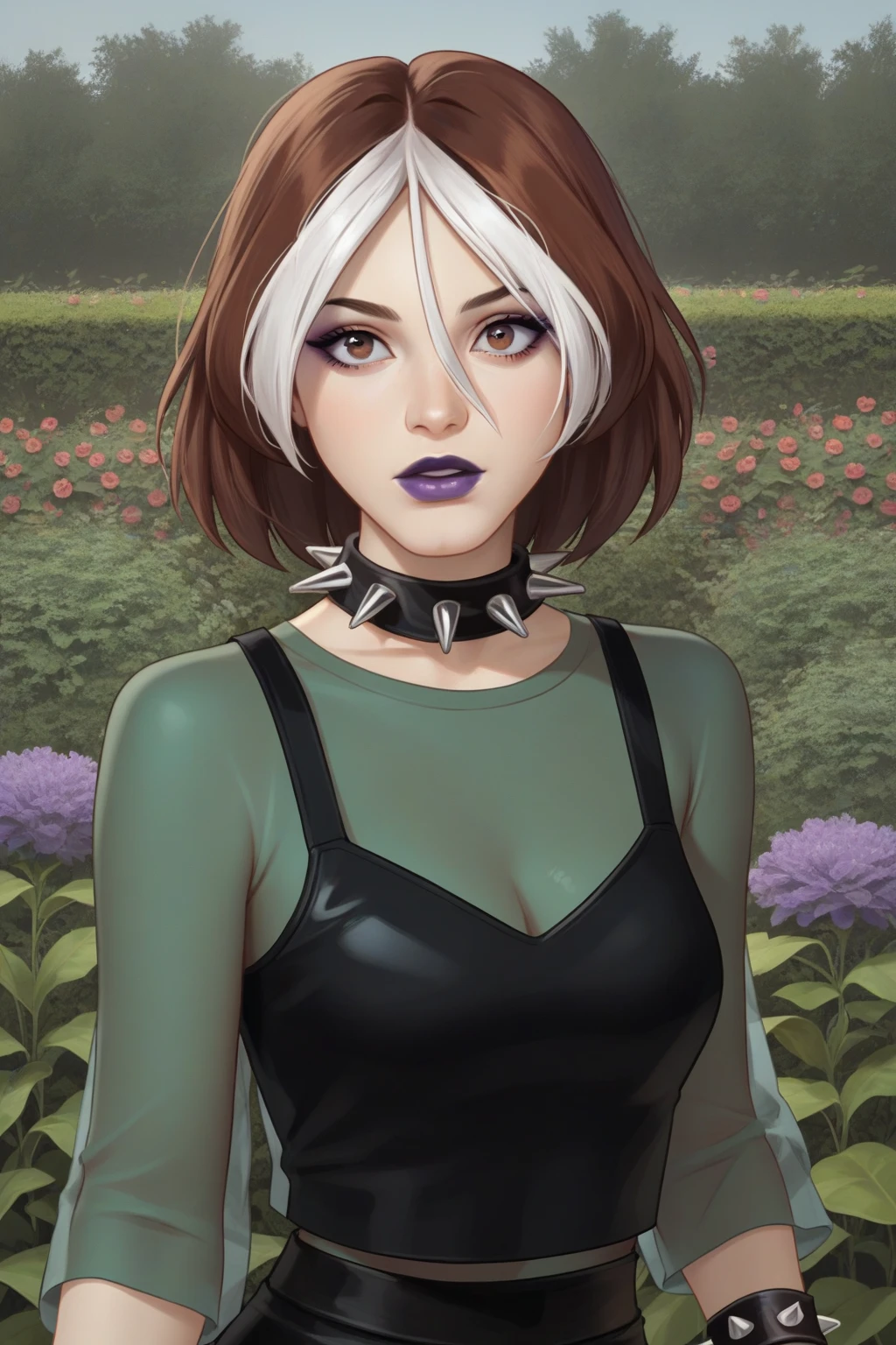 source _ cartoon , score_9, score_8_up, score_7_up, score_6_up, score_5_up, score_4_up, BREAK, perfec eyes, perfect face, 1girl, 1 girl, rogue, wonder, multicolored hair, brown hair , brown eyes , white hair , black leather gloves, purple lipstick , purple eye shadow, green eyes, transparent shirt, skirt, spiked necklace, spiked bracelets , dynamic pose, dynamic shot, garden, garden setting, close up, face close up
