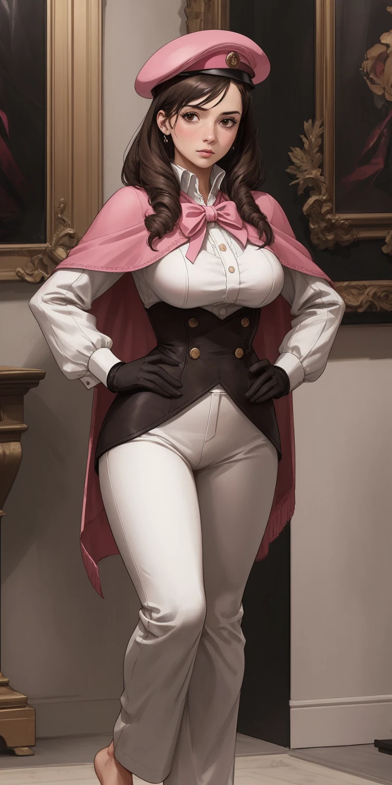 ((((Small boobs)))),((((milf )))),big ass,((wide hips)),(thicc thights)),(( long brown hair)),((brown eyes)),((braids hair)),((white girl)),((glasses)),((((pink full corseted dress)))),(( pink boots)),((two gunshots)),((((pink longest gothic skirt)))),((alone)),((fullbody)),((pink coat with hood)),((alone)),((((covered chest))))