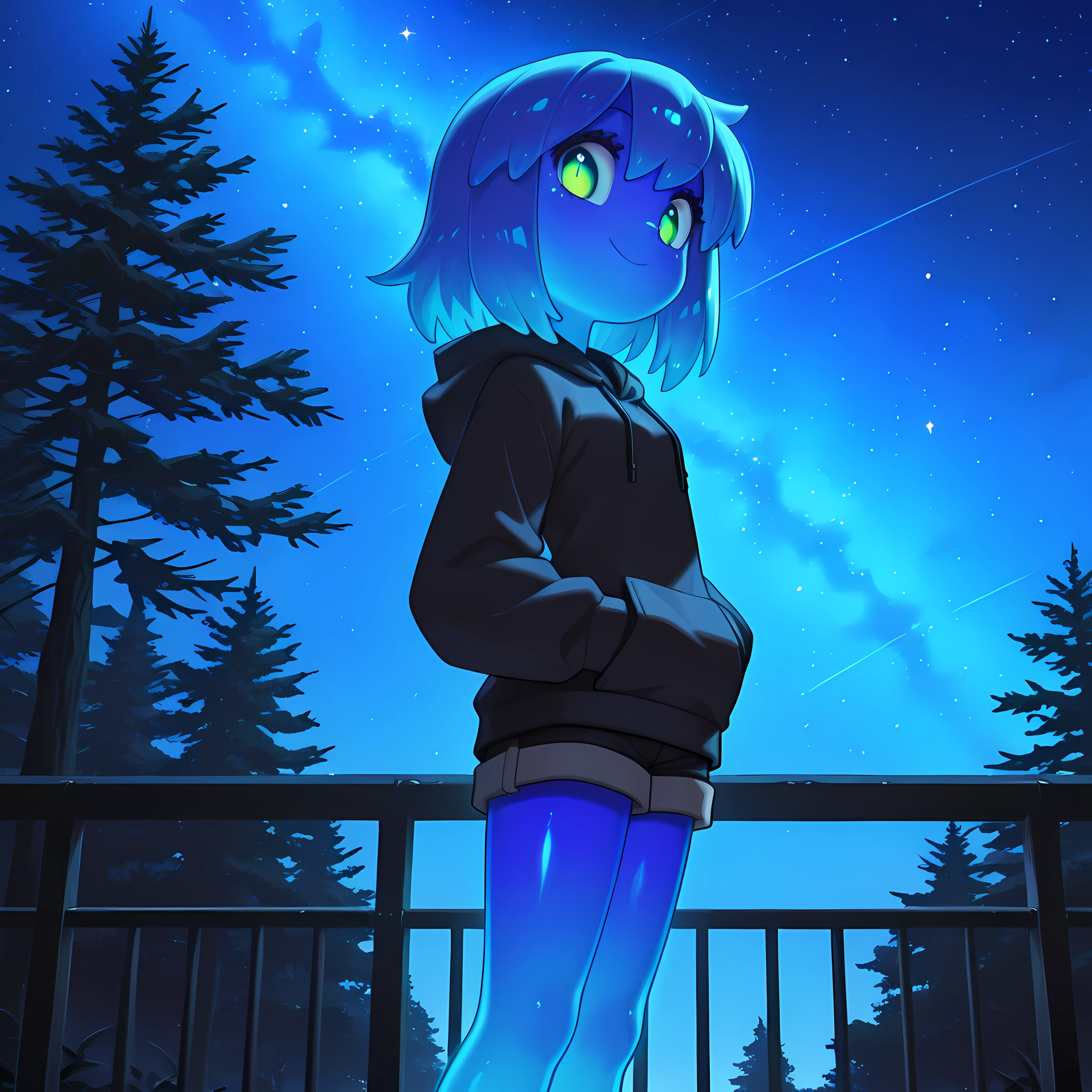 Score_9, score_8_up, score_7_up, masterpiece, best quality, amazing quality, very aesthetic, high resolution, ultra-detailed, absurdres, newest, Anime screencap, highly detailed, high quality, hyper-Detailed, mistico_IL. BREAK.
1girl, solo, looking at viewer, smile, short hair, long sleeves, closed mouth, standing, green eyes, outdoors, sky, shorts, hood, tree, hoodie, colored skin, night, hood down, star \(sky\), night sky, starry sky, blue skin, hands in pockets, railing, alien