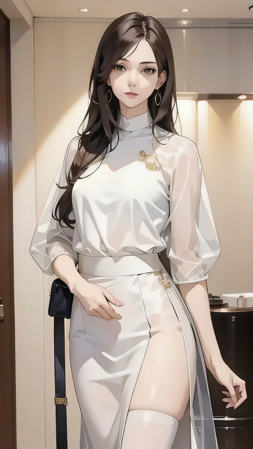 Tall women wearing everyday clothes made of transparent material、 full body、 Hotel Lobby Background 、 Fashion Trend 2025 ,( masterpiece, armour skirt :1.2), A girl , Alone