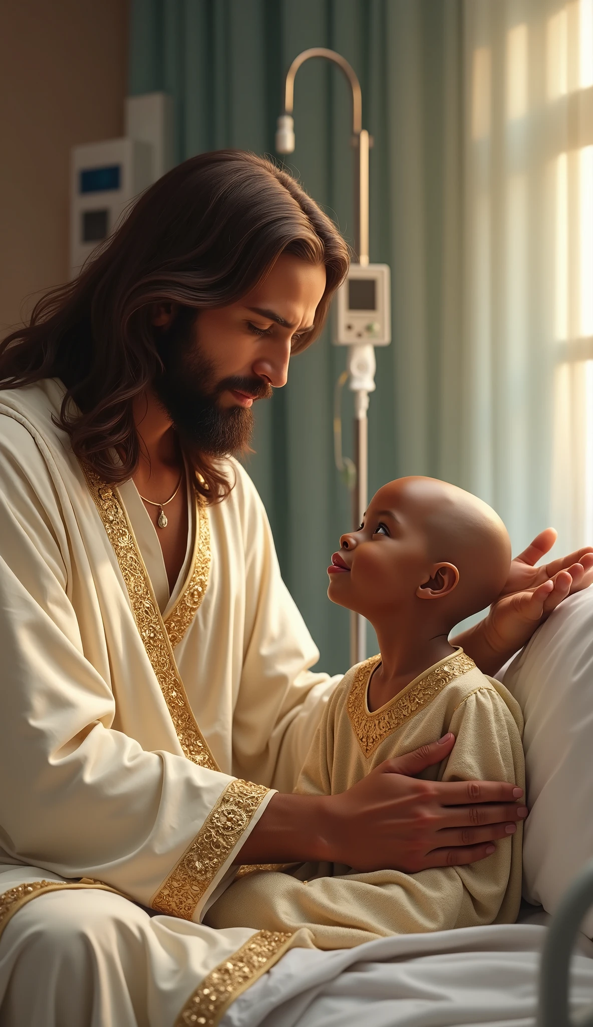 "A realistic and emotional hospital scene. A young, bald Black , around 5 to , sits on a hospital bed wearing a soft-patterned gown. The has a gentle expression of trust and wonder while looking up at Jesus. Jesus, with long brown hair and a well-groomed beard, places his hand tenderly on the 's head in a gesture of blessing. He wears a flowing white robe with golden embroidery, his face radiating kindness and compassion. The hospital room is softly lit, creating a warm contrast to the sterile environment, with an IV drip and monitors subtly in the background. The scene conveys comfort, faith, and divine protection."