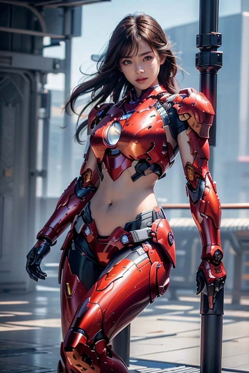 beautiful young woman, red iron man suit,metal Bikini armor, sexy exposed midriff, full metallic armor, bare midriff and waist, open abdomen, fully exposed abdomen, cowboy-shot, realistic, photorealistic, high quality, 8k, extremely detailed, masterpiece, dynamic pose, dramatic lighting, cinematic, sci-fi, futuristic, vibrant colors