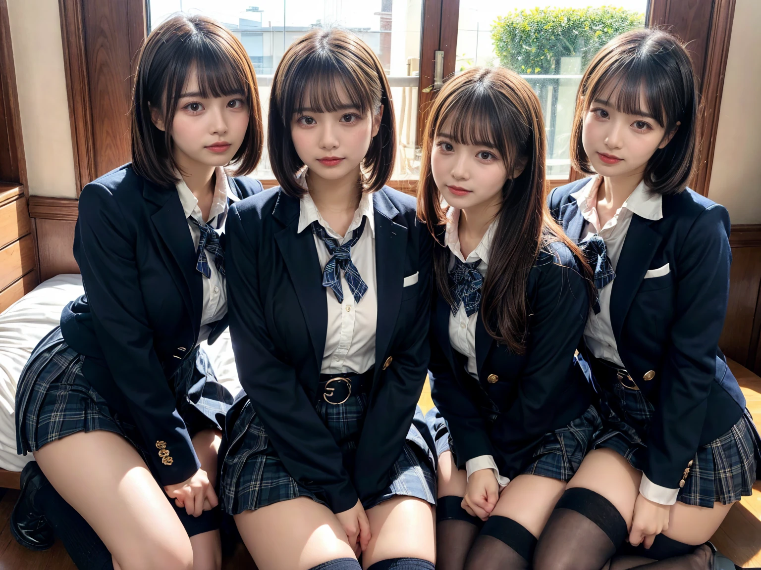 (8K, Raw photography, top-quality, masterpiece:1.2), master piece, best quality, illustration, Super detailed, fine details, High resolution, 8K,wall paper, perfect dynamic composition,(Details High quality, realistic depiction of eyes:1.3), ((2 girls, 2 schoolgirls)), The background is a luxury hotel room、High school girl uniform、blazer 、Super Short Check Uniform Skirt、Navy blue high socks、garterbelts、Colossal tits、Disturbed uniform, Play with each other,Touching each other's bodies,Touching the body of the girl next door, short bob hair, black hair color, huge breasts, Big Natural Color Lip, bold sexy pose, (perfect body shape), crying a little、cold gaze, Beautiful makeup,glitter makeup,Cutest 18 years old, beautiful legs, hposing Gravure Idol, Voluptuous thighs