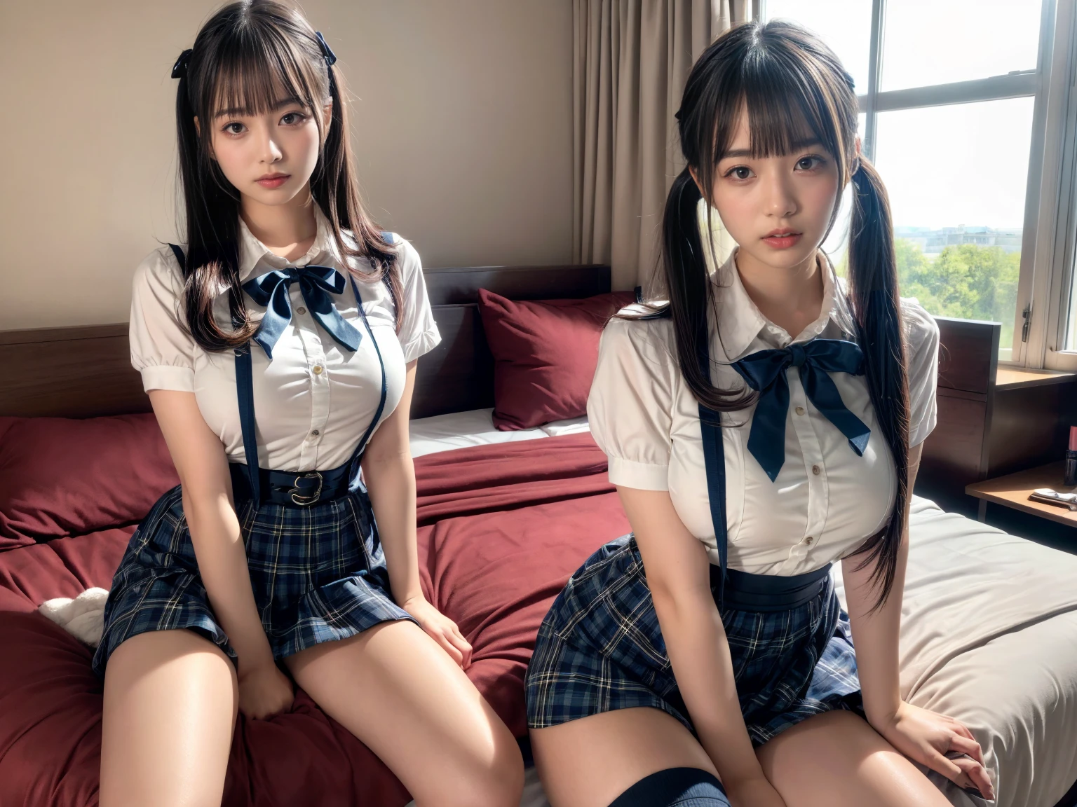 (8K, Raw photography, top-quality, masterpiece:1.2), master piece, best quality, illustration, Super detailed, fine details, High resolution, 8K,wall paper, perfect dynamic composition,(Details High quality, realistic depiction of eyes:1.3), ((2 girls, 2 schoolgirls)), The background is a luxury hotel room、High school girl uniform、blazer 、Super Short Check Uniform Skirt、Navy blue high socks、garterbelts、Colossal 、Disturbed uniform, Play with each other,Touching each other's bodies,Touching the body of the girl next door, short bob hair, black hair color, huge breag Natural Color Lip, bold sexy pose, rfect body shape), crying a little、cold gaze, Beautiful makeup,glitter makeup,Cutest 18 years old, beautiful legs, hposing Gravure Idol, Voluptuous thighs