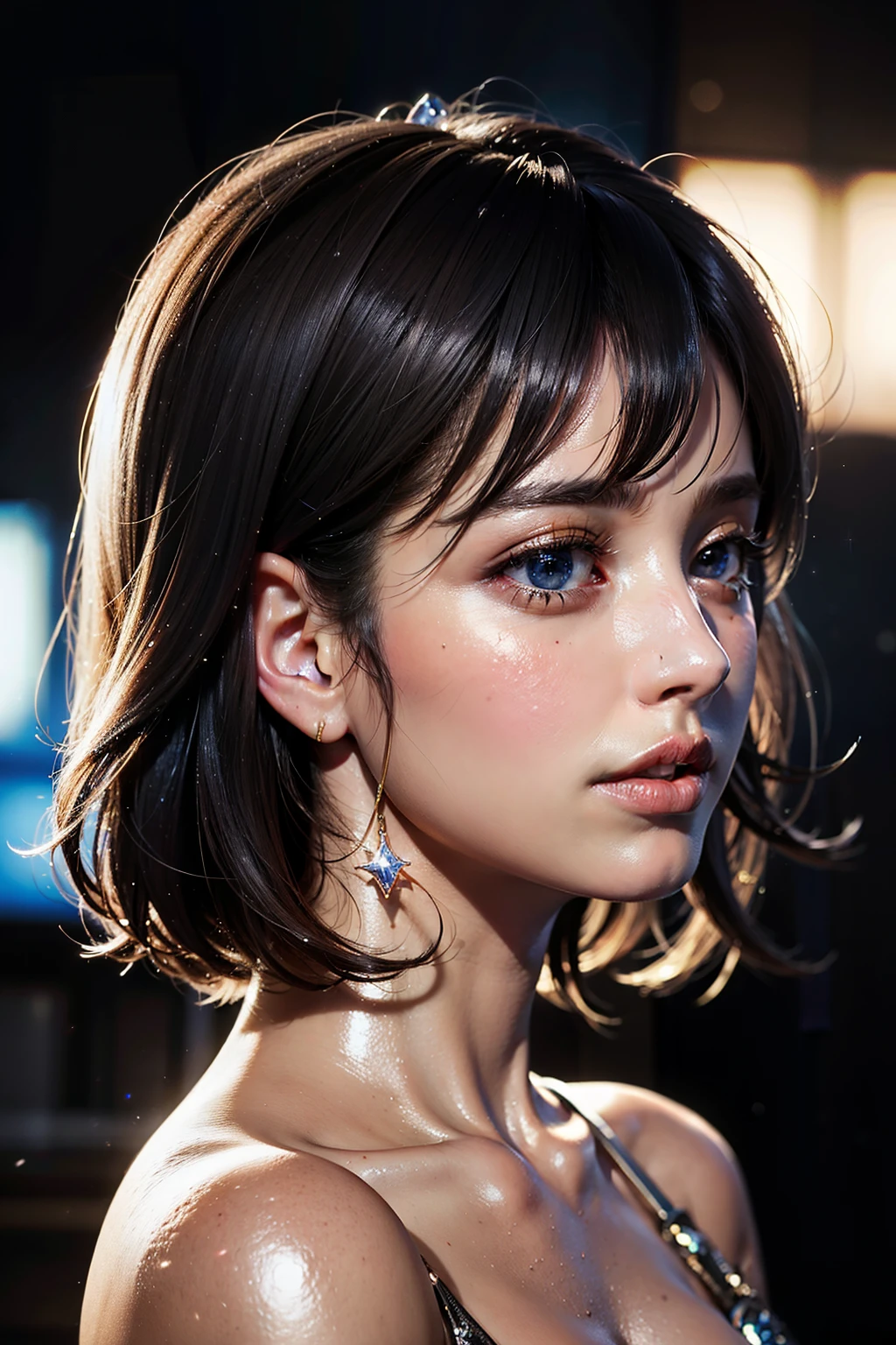 Close-up portrait on a side face (in profile) of a beautiful girl with realistic skin, bright clear eyes, looking down; shiny hair, bright lights and sparkles around her, chaotic background scenery, cinematic bright, cinematic scene