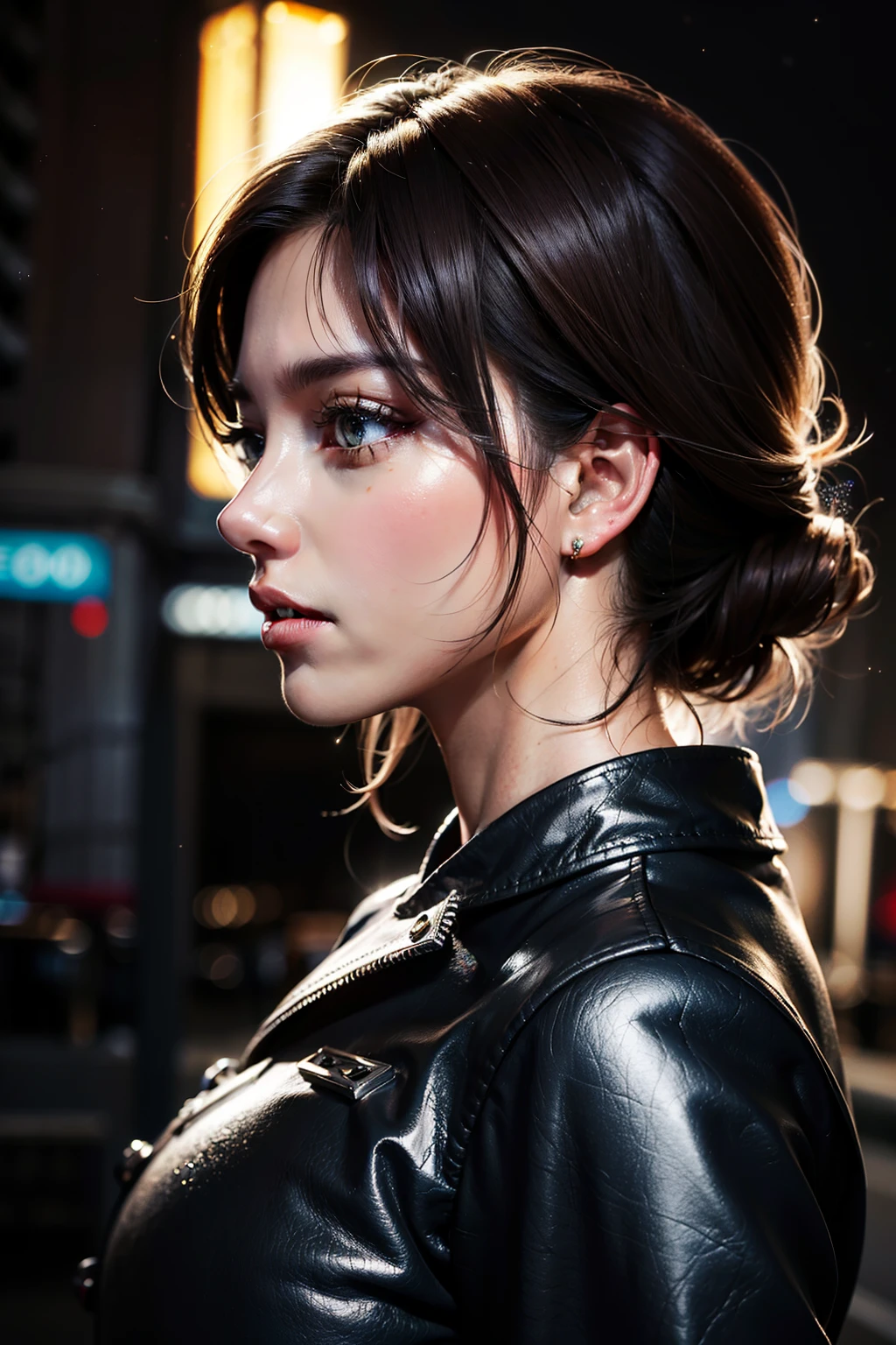 Close-up portrait on a side face (in profile) of a beautiful girl with realistic skin, bright clear eyes, looking down; shiny hair, bright lights and sparkles around her, chaotic background scenery, cinematic bright, cinematic scene