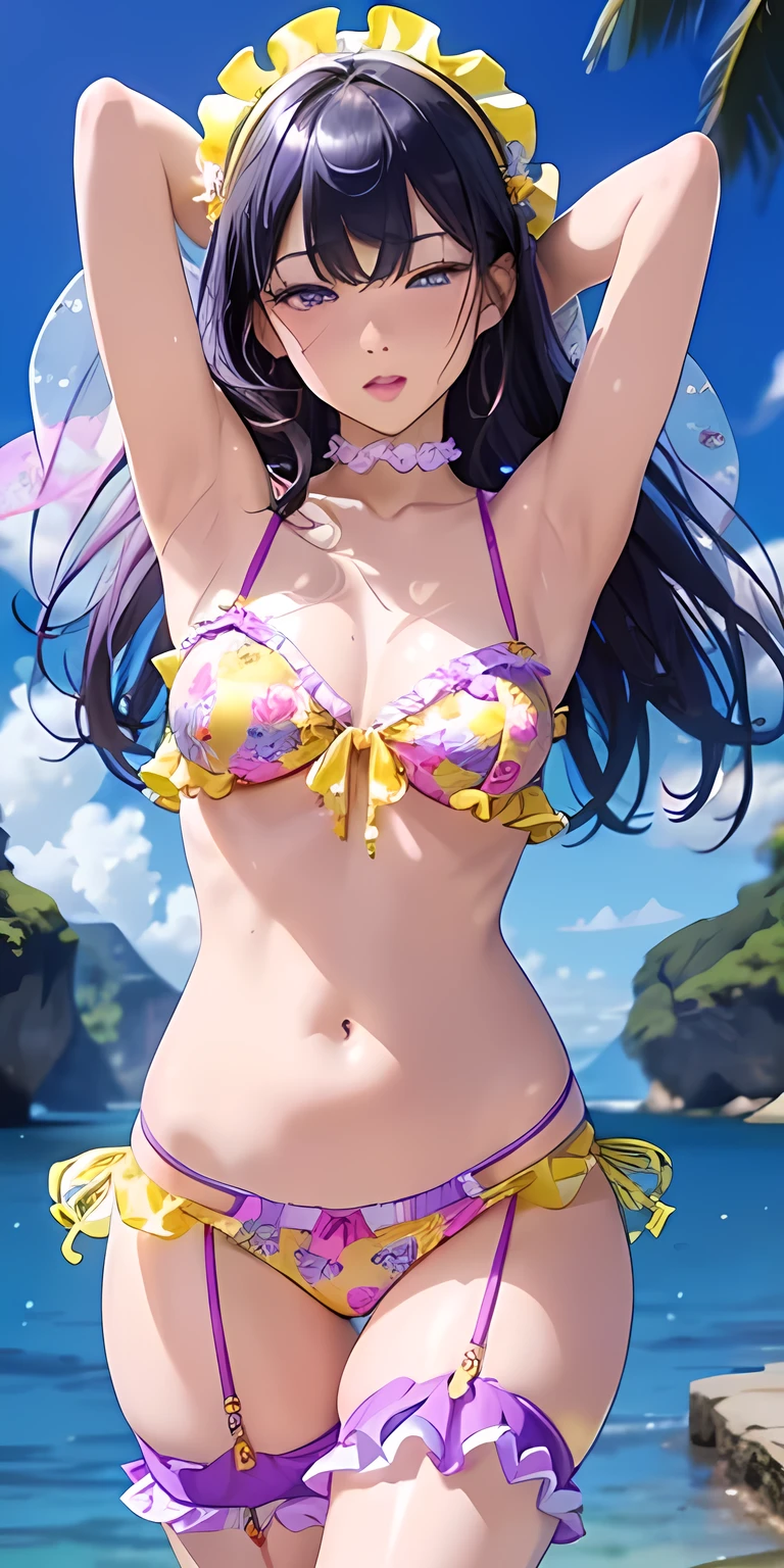 absurderes,High quality, ultra-detailliert, absolutely vibrant colors, Transparent , 1 Beautiful Pale Girl, Smile with open mouth, bikini of, Navel, Long hair fluttering in the wind , Frolic on the beach, Like dancing, spreading arms, Hyper realistic, Perfect Anatomy, Perfect five fingers, 8K,amazing,superfine illustration