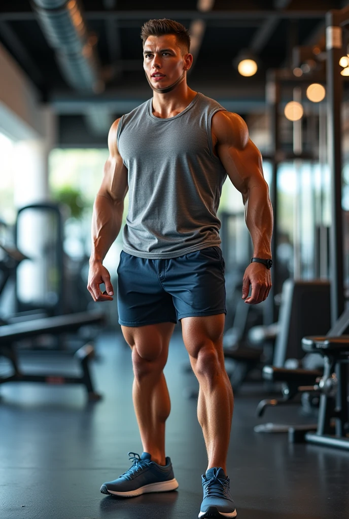 modern gym with high ceiling, standing in front of weight machine, BrennerBolton wearing (blue tank top), gray shorts, white socks, sneakers, slight smile, (((full body portrait))), wide angle <lora:BrennerBolton:0.8> <lora:Clothing - Sexy Personal Trainer:0.55>