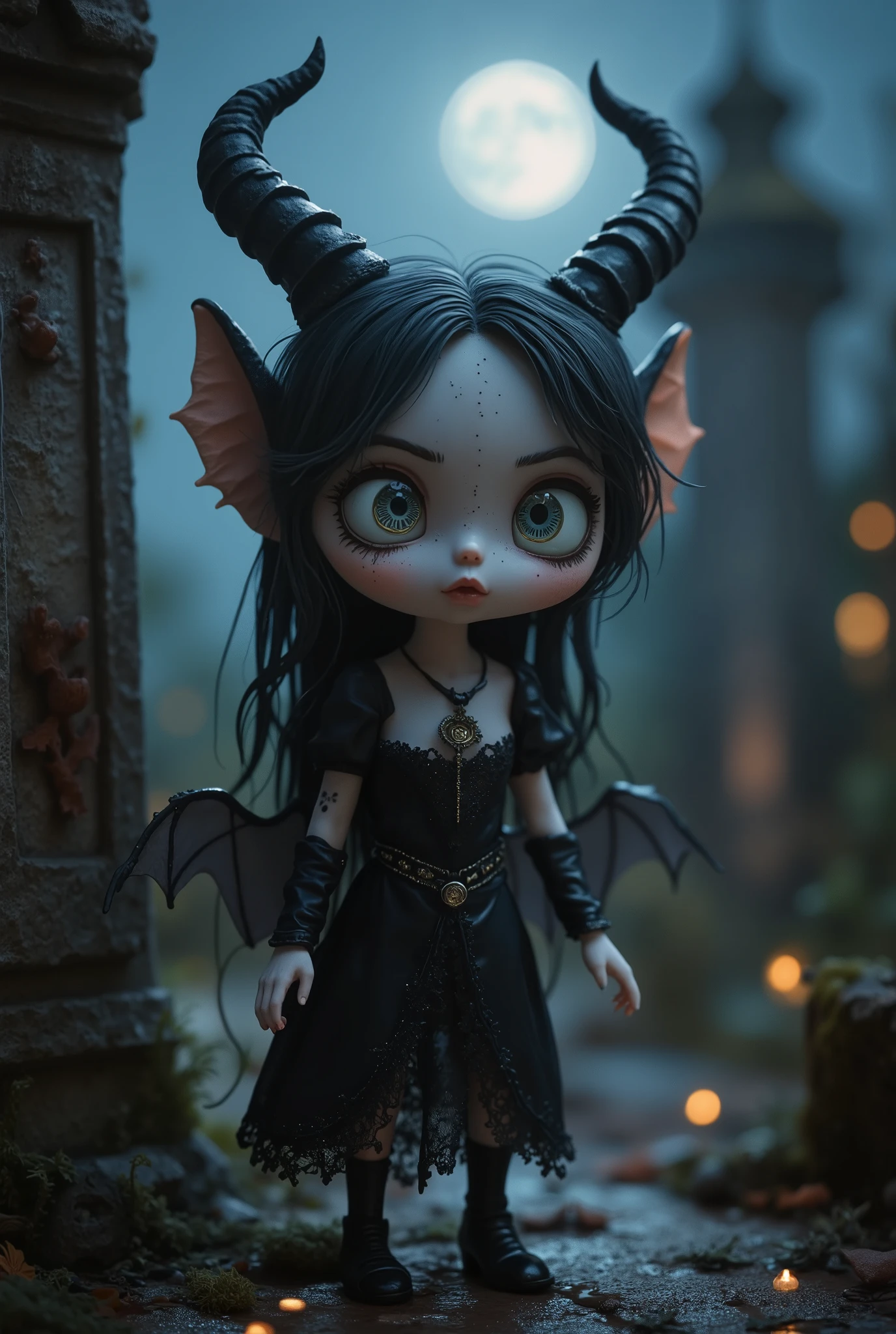 (High Definition, masterpiece, Accurate, top quality, High Definition model, high detail, (((The textures are soft))), ((matte and toy-like with a handmade premium look)), (((Tim Burton style))), Dark, 1 girl, succubus with wings, horn, The background is a graveyard, bathed in the moonlight.