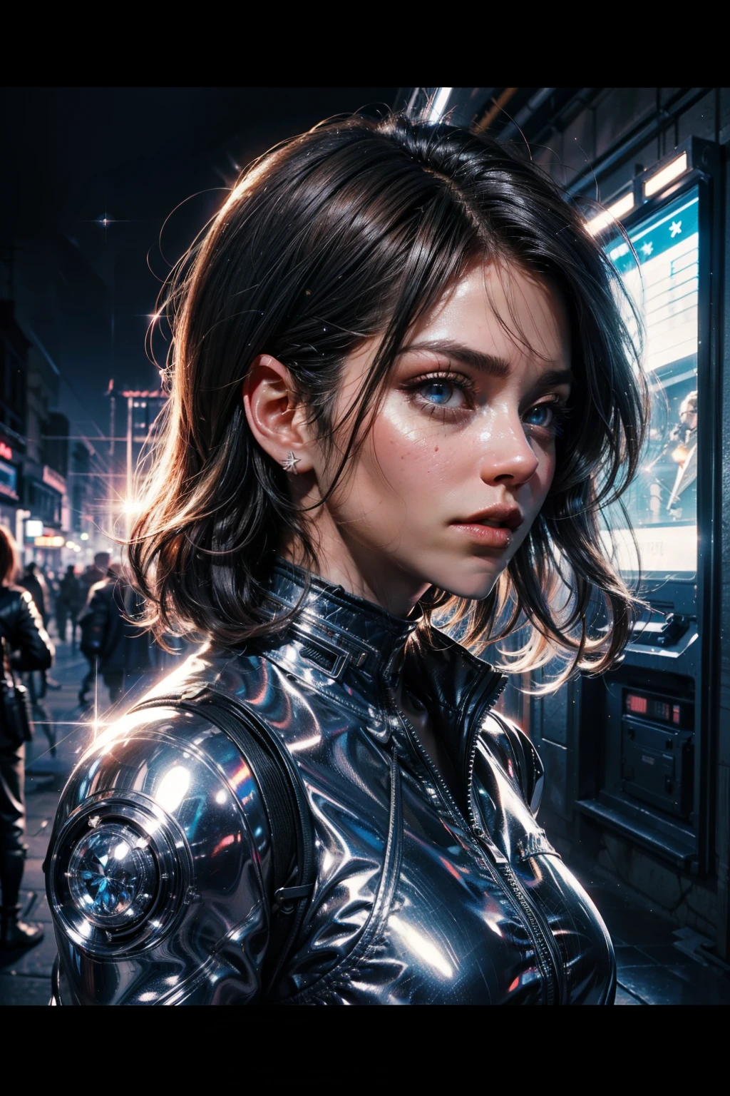 Top Quality, Masterpiece, High Resolution, 8k, (((girl in futuristic puffer jumpsuit with bare back, full body view, small perky breasts, beautiful detailed eyes, no lipstick, extremely detailed face, pixie asymmetrical hair cut, small hips, in a dungeon, behind back)))