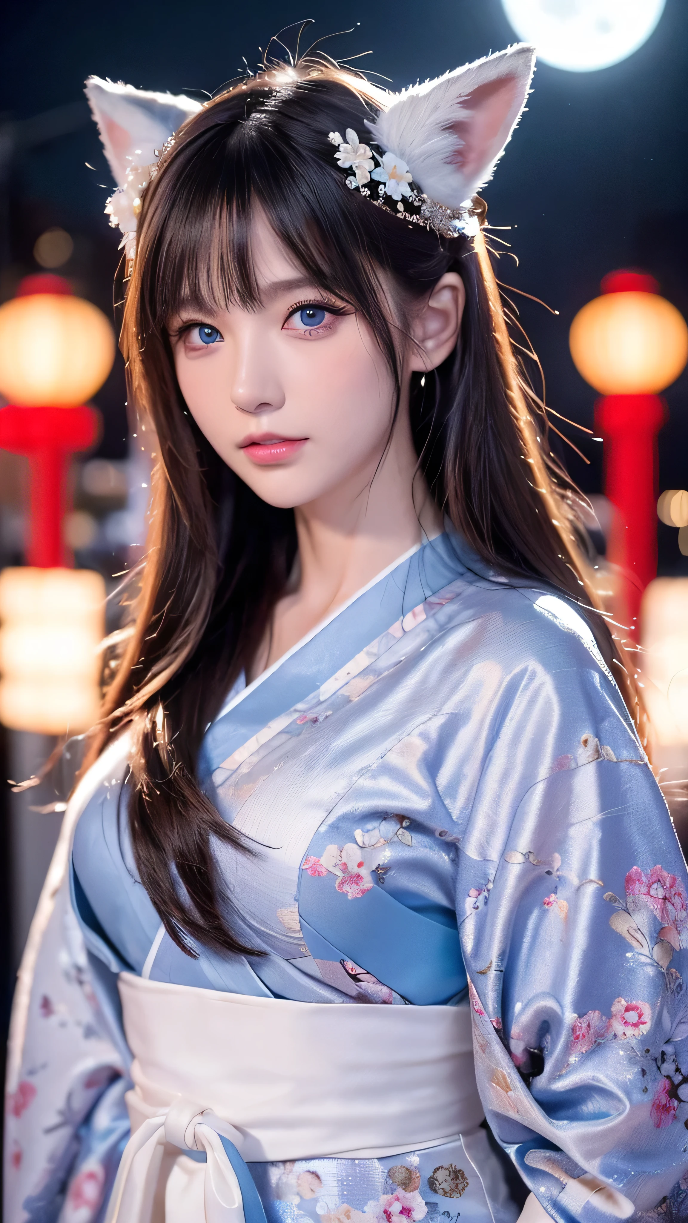 in high definition, one woman, mature woman, Old age, long straight hair, beautiful shiny hair , blue eyes, bangs, Long Sleeve, Exquisitely drawn eyes and face , Eye Enhancement, without resting hands , Rich lighting, highly detailed unified CG 8K wallpaper , complicated details, portrait , stares, Alone, half shot , WITH A DELICATED FACE, soft smile , dynamic pose, classical period , ( Ancient Japan-themed : 1.1), Japanese Mythology, fox ears, Japanese, ruler, blue kimono Japanese , floral kimono, ancient theme , (A thriving civilization: 1.1), Moon in the background, ( Pure white : 1.1) shrine, torii gate , Japanese Scenery, ancient city in the background , I'm wearing a fox mask on my head, wonderful, dreamy , Dancing Light, lantern, Strict, night , darkness, star, portrait , cinematic lights