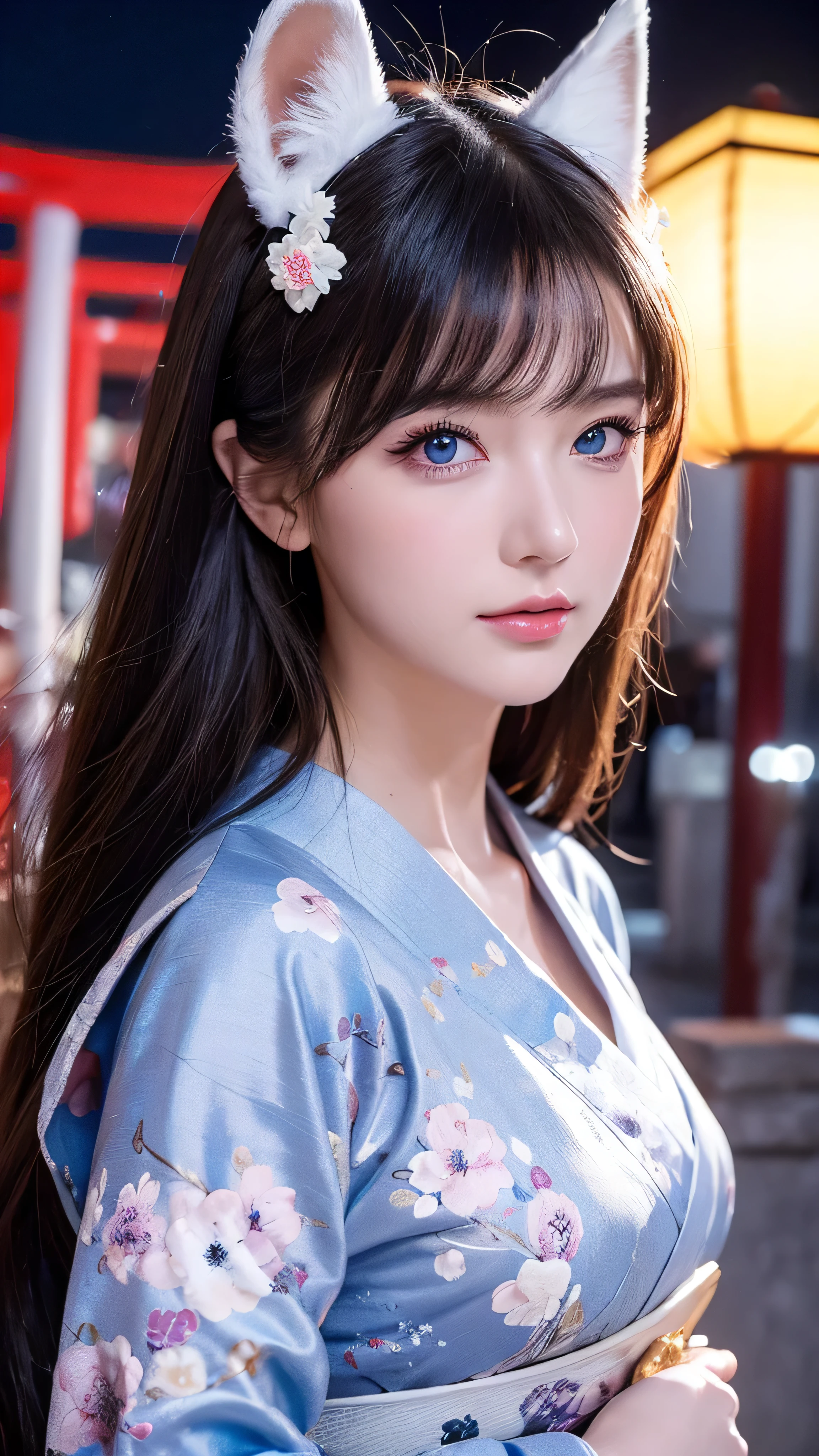 in high definition, one woman, mature woman, Old age, long straight hair, beautiful shiny hair , blue eyes, bangs, Long Sleeve, Exquisitely drawn eyes and face , Eye Enhancement, without resting hands , Rich lighting, highly detailed unified CG 8K wallpaper , complicated details, portrait , stares, Alone, half shot , WITH A DELICATED FACE, soft smile , dynamic pose, classical period , ( Ancient Japan-themed : 1.1), Japanese Mythology, fox ears, Japanese, ruler, blue kimono Japanese , floral kimono, ancient theme , (A thriving civilization: 1.1), Moon in the background, ( Pure white : 1.1) shrine, torii gate , Japanese Scenery, ancient city in the background , I'm wearing a fox mask on my head, wonderful, dreamy , Dancing Light, lantern, Strict, night , darkness, star, portrait , cinematic lights