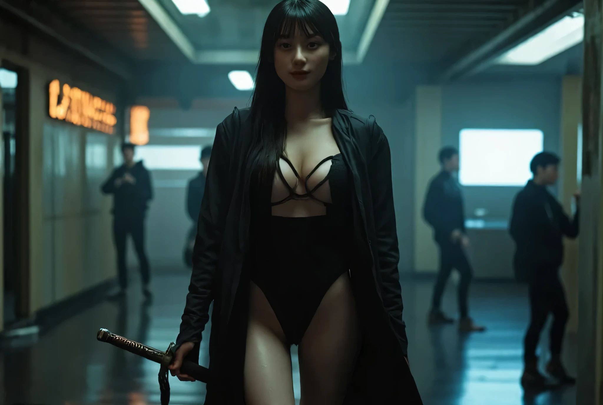 (((The dark interior of the Nostromo ship :2.0))),((( HR Gigger Style Cyberpunk Atmosphere :2.0))),((( Hold a cyberpunk-style Japanese sword :2.0))), standing,((whole body:2.0)), one woman,( cute face),(Beautiful well-balanced face ),(( natural big breasted :2.0)),( black hair:1.5),( beautiful eyes:1.3), Glamorous Shot of a 20-year-old Japanese Woman , Slender Beautiful Body ,(( Model Body Type:2.0)),((Slim body:1.7)), perfect body line , Ideal Proportions ,(( big breasts:2.0)),((F cup breasts:1.5)),Big Breasts,Bare thighs, sensual thighs, delicate body,( Shrimp:1.7),A harmonious posture,((Realistic breast depiction :1.7)), carefully depict limbs based on perfect anatomy,((Wear a samurai kimono-style military coat with an open front over a black super high-leg leotard :1.5)),(( super high leg leotard made of camy-like latex that fits the body:1.5)),((Samurai armor-style military coat with an open front over a leotard:1.5)),(ear monitor:1.5),((Tactical Holster:1.5)),( gloves:1.3), concept art ,( top quality:1.5),( Masterpiece:1.5),(Super high resolution),resolution,UHD,( delicate depiction), carefully drawn with butterfly wings ,32K,(( realistic skin texture on the beach:1.5)),((( super realistic:1.5))),Draw eyelashes carefully, highly detailed faces at a pachinko parlor,Highly detailed female hand,Sexy appearance,Very sensual,(Blurry Dim Backgrounds :1.5), Professional Photoshoot,( Movie Lighting:2.0),(( Blade Runner Style Lights :2.0))