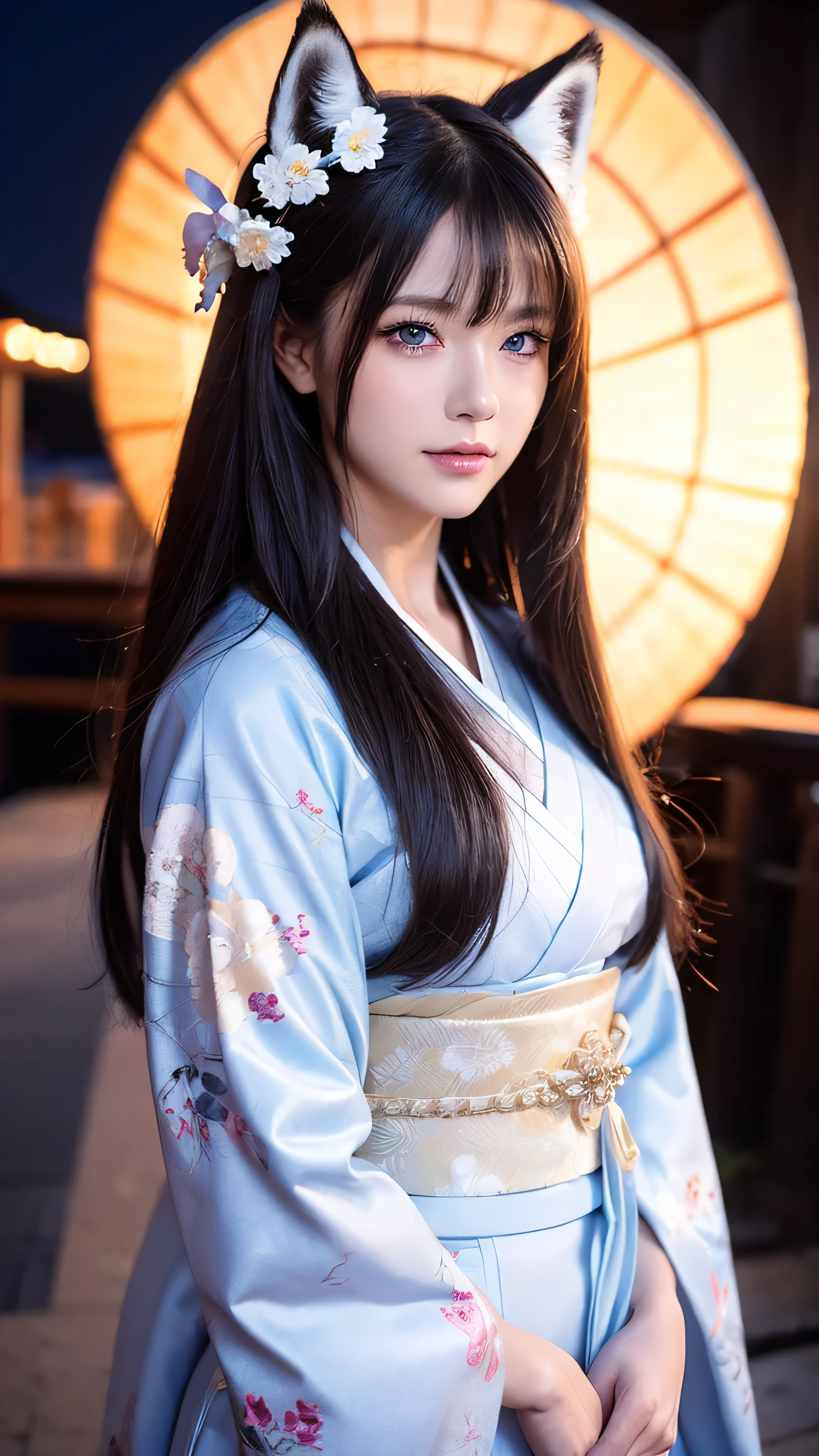  in high definition， one woman,  mature woman, Old age,  long straight hair,  beautiful shiny hair ,  blue eyes, bangs,  Long Sleeve, Exquisitely drawn eyes and face , Eye Enhancement,  without resting hands , Rich lighting,  highly detailed unified CG 8K wallpaper ,  complicated details,  portrait ,  stares, Alone,  half shot ,  WITH A DELICATED FACE,  soft smile ,  dynamic pose,  classical period , ( Ancient Japan-themed : 1.1), Japanese Mythology,  fox ears,  Japanese, ruler,  blue kimono Japanese ,  floral kimono,  ancient theme , (A thriving civilization: 1.1), Moon in the background, ( Pure white : 1.1) shrine,  torii gate ,  Japanese Scenery,  ancient city in the background ,  I'm wearing a fox mask on my head,  wonderful,  dreamy , Dancing Light,  lantern, Strict,  night ,  darkness, star,  portrait ,  cinematic lights