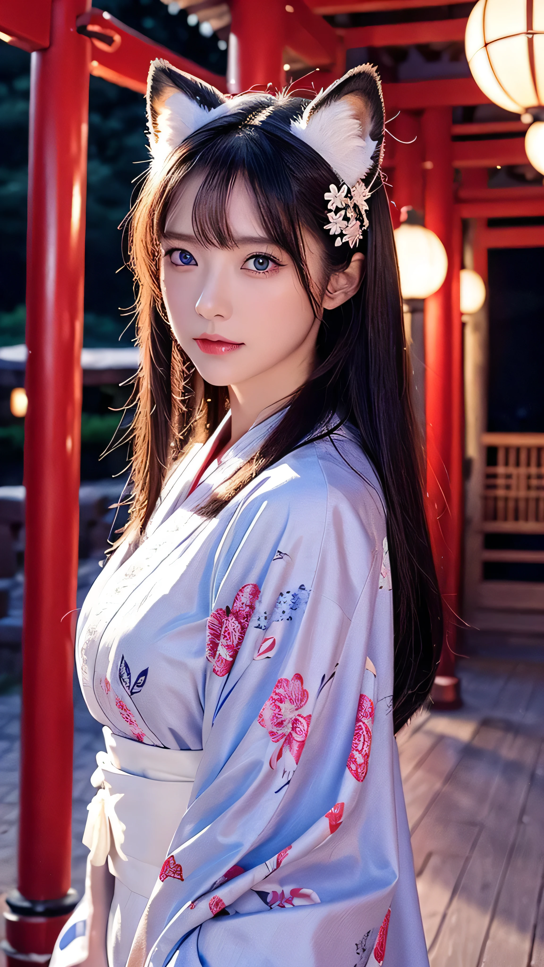 one woman, mature woman, Old age, long straight hair, beautiful shiny hair , blue eyes, bangs, Long Sleeve, Exquisitely drawn eyes and face , Eye Enhancement, without resting hands , Rich lighting, highly detailed unified CG 8K wallpaper , complicated details, portrait , stares, Alone, half shot , WITH A DELICATED FACE, soft smile , dynamic pose, classical period , ( Ancient Japan-themed : 1.1), Japanese Mythology, fox ears, Japanese, ruler, blue kimono Japanese , floral kimono, ancient theme , (A thriving civilization: 1.1), Moon in the background, ( Pure white : 1.1) shrine, torii gate , Japanese Scenery, ancient city in the background , I'm wearing a fox mask on my head, wonderful, dreamy , Dancing Light, lantern, Strict, night , darkness, star, portrait , cinematic lights