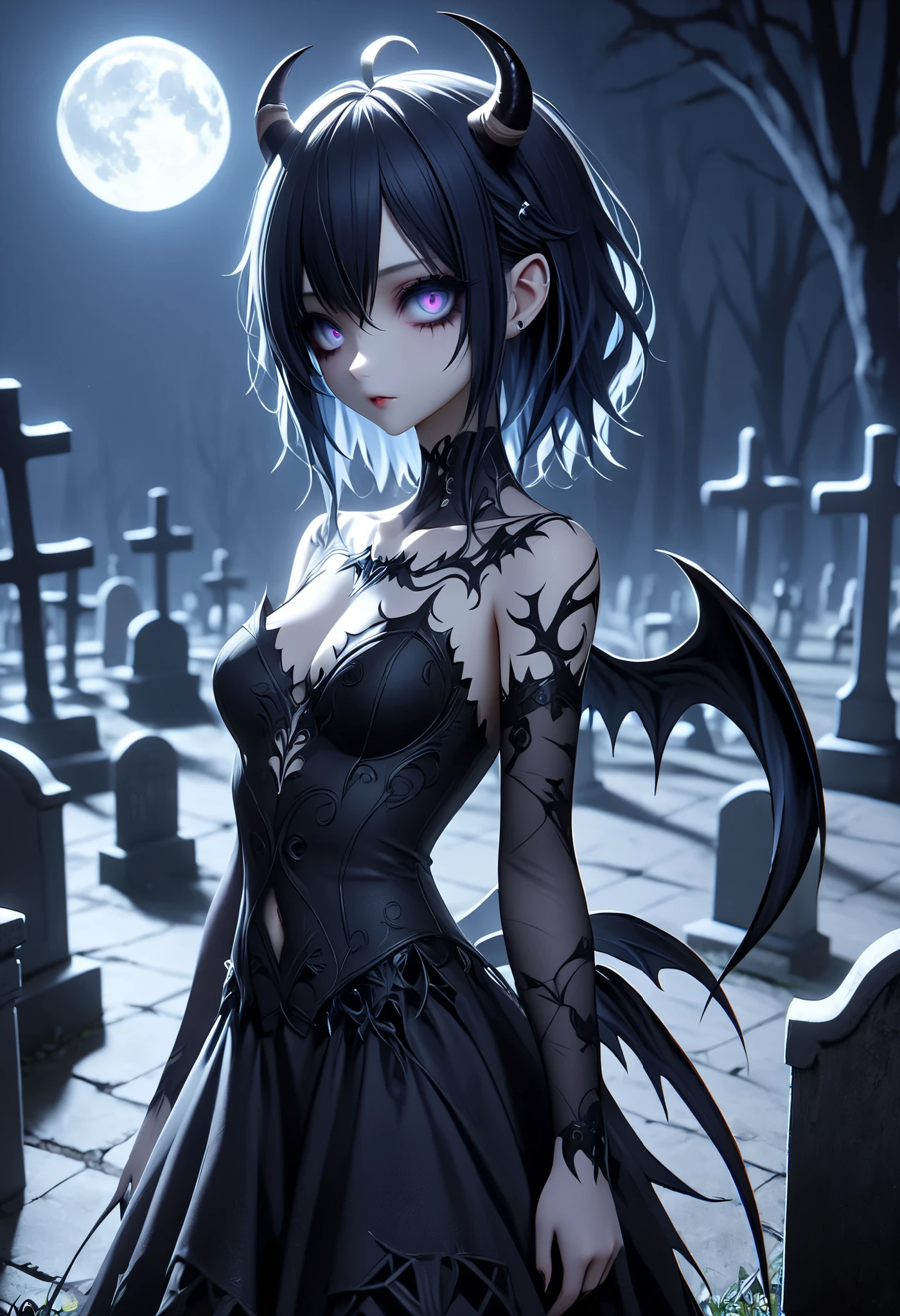 (High Definition, masterpiece, Accurate, top quality, High Definition model, high detail, (((The textures are soft))), ((matte and toy-like with a handmade premium look)), (((Tim Burton style))), Dark, 1 girl, succubus with wings, horn, The background is a graveyard, bathed in the moonlight.