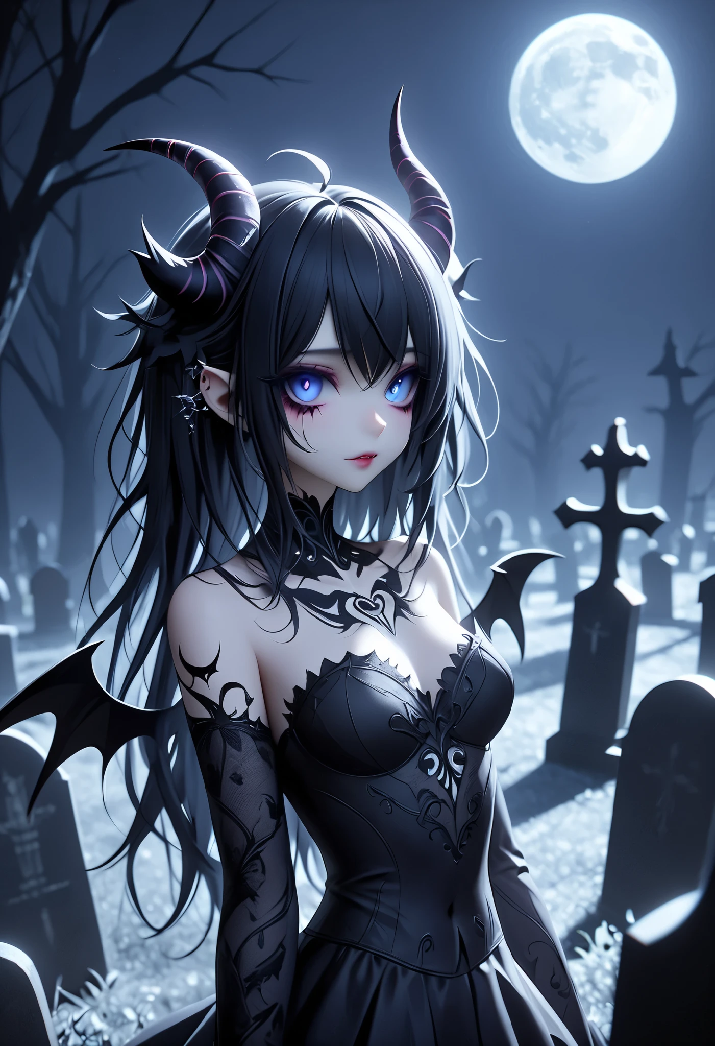 (High Definition, masterpiece, Accurate, top quality, High Definition model, high detail, (((The textures are soft))), ((matte and toy-like with a handmade premium look)), (((Tim Burton style))), Dark, 1 girl, succubus with wings, horn, The background is a graveyard, bathed in the moonlight.