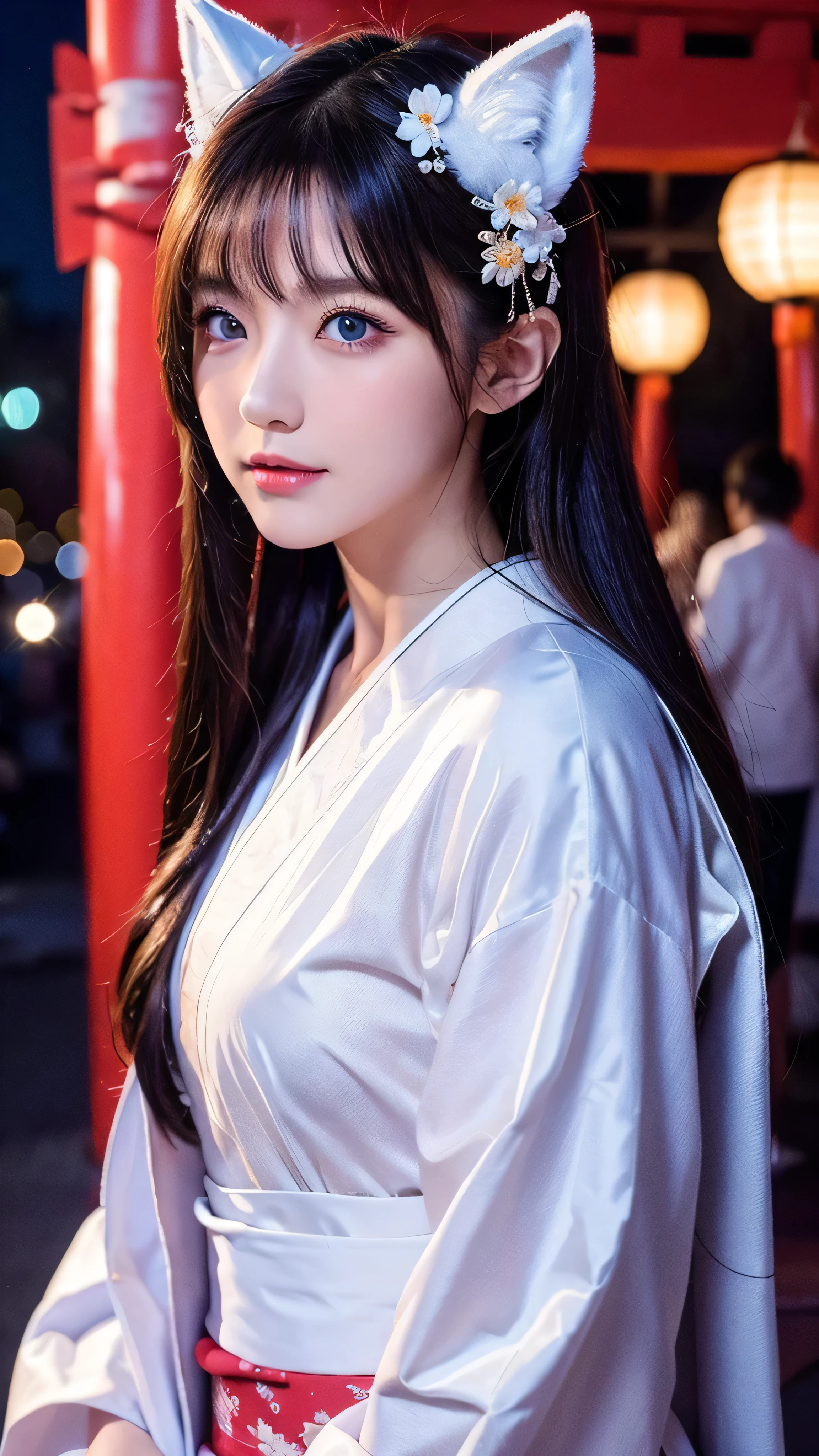 one woman, mature woman, Old age, long straight hair, beautiful shiny hair , blue eyes, bangs, Long Sleeve, Exquisitely drawn eyes and face , Eye Enhancement, without resting hands , Rich lighting, highly detailed unified CG 8K wallpaper , complicated details, portrait , stares, Alone, half shot , WITH A DELICATED FACE, soft smile , dynamic pose, classical period , ( Ancient Japan-themed : 1.1), Japanese Mythology, fox ears, Japanese, ruler, blue kimono Japanese , floral kimono, ancient theme , (A thriving civilization: 1.1), Moon in the background, ( Pure white : 1.1) shrine, torii gate , Japanese Scenery, ancient city in the background , I'm wearing a fox mask on my head, wonderful, dreamy , Dancing Light, lantern, Strict, night , darkness, star, portrait , cinematic lights