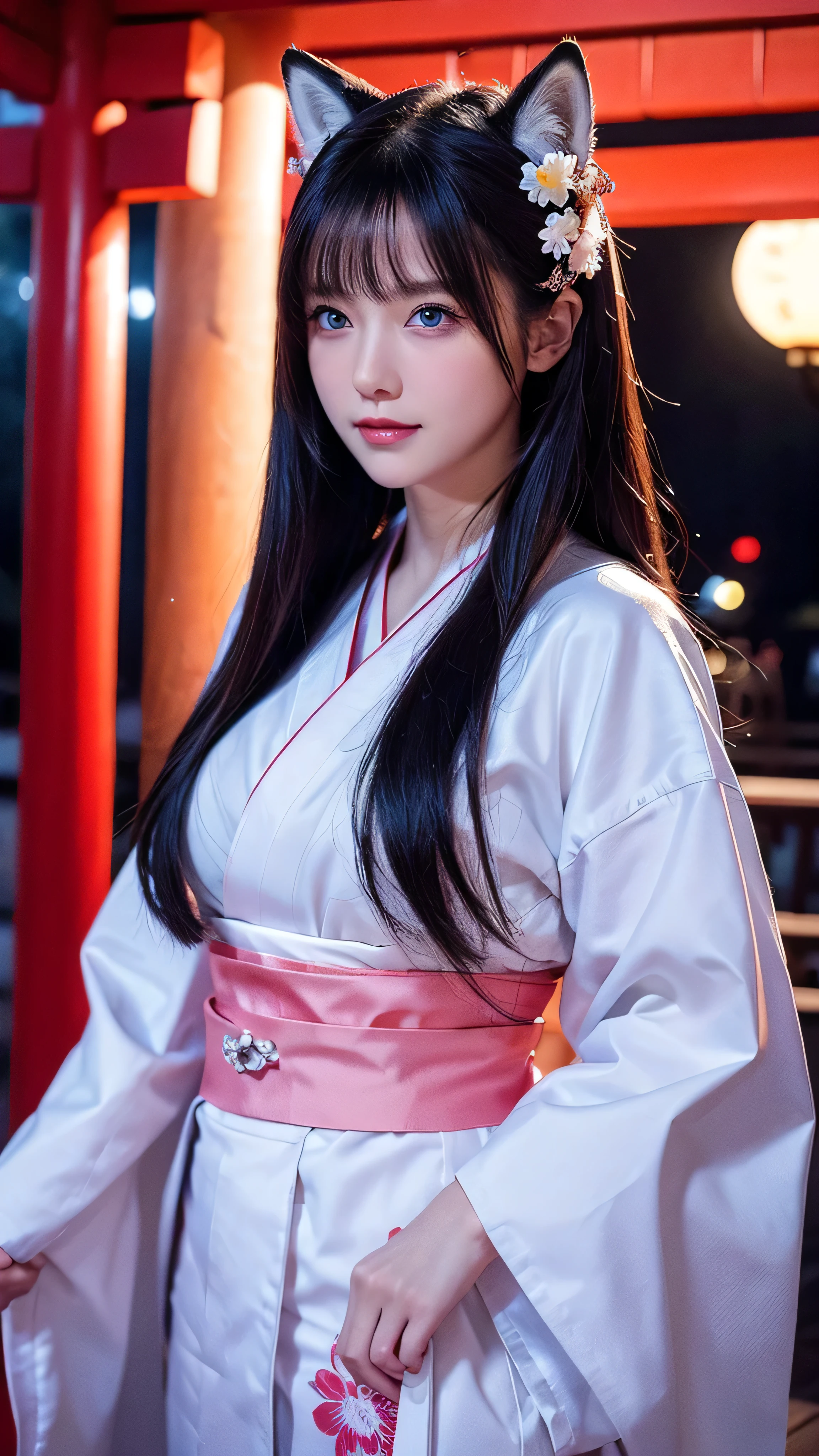 one woman, mature woman, Old age, long straight hair, beautiful shiny hair , blue eyes, bangs, Long Sleeve, Exquisitely drawn eyes and face , Eye Enhancement, without resting hands , Rich lighting, highly detailed unified CG 8K wallpaper , complicated details, portrait , stares, Alone, half shot , WITH A DELICATED FACE, soft smile , dynamic pose, classical period , ( Ancient Japan-themed : 1.1), Japanese Mythology, fox ears, Japanese, ruler, blue kimono Japanese , floral kimono, ancient theme , (A thriving civilization: 1.1), Moon in the background, ( Pure white : 1.1) shrine, torii gate , Japanese Scenery, ancient city in the background , I'm wearing a fox mask on my head, wonderful, dreamy , Dancing Light, lantern, Strict, night , darkness, star, portrait , cinematic lights
