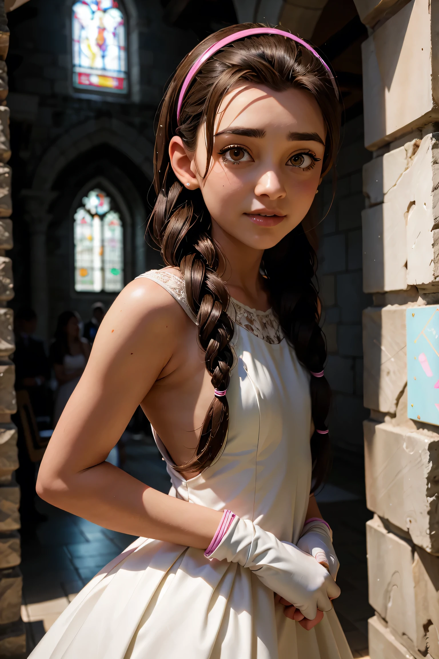 An impressive and intricate full color portrait, Ultra-HD a girl, brown hair with 2 braids, brown eyes, pink headband, detailed face, dressed in a white wedding dress, no logos, epic character composition, alessio albi, nina masic, sharp focus, natural lighting, subsurface dispersion, f2, 35mm, gentle smile, white shoes with high heels, white elbow gloves, wedding, bridge, standing, church.