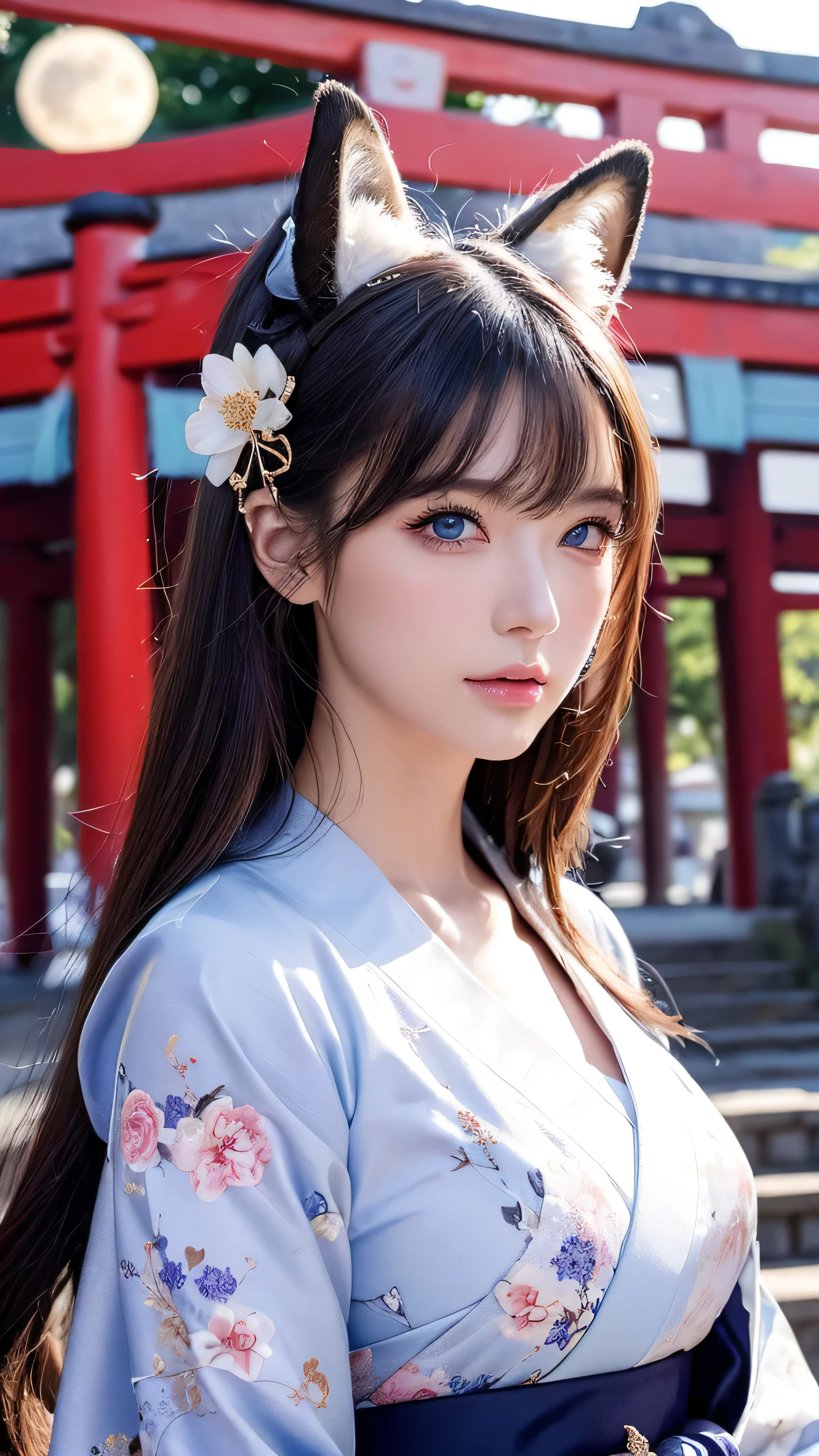  in high definition， one woman,  mature woman, Old age,  long straight hair,  beautiful shiny hair ,  blue eyes, bangs,  Long Sleeve, Exquisitely drawn eyes and face , Eye Enhancement,  without resting hands , Rich lighting,  highly detailed unified CG 8K wallpaper ,  complicated details,  portrait ,  stares, Alone,  half shot ,  WITH A DELICATED FACE,  soft smile ,  dynamic pose,  classical period , ( Ancient Japan-themed : 1.1), Japanese Mythology,  fox ears,  Japanese, ruler,  blue kimono Japanese ,  floral kimono,  ancient theme , (A thriving civilization: 1.1), Moon in the background, ( Pure white : 1.1) shrine,  torii gate ,  Japanese Scenery,  ancient city in the background ,  I'm wearing a fox mask on my head,  wonderful,  dreamy , Dancing Light,  lantern, Strict,  night ,  darkness, star,  portrait ,  cinematic lights