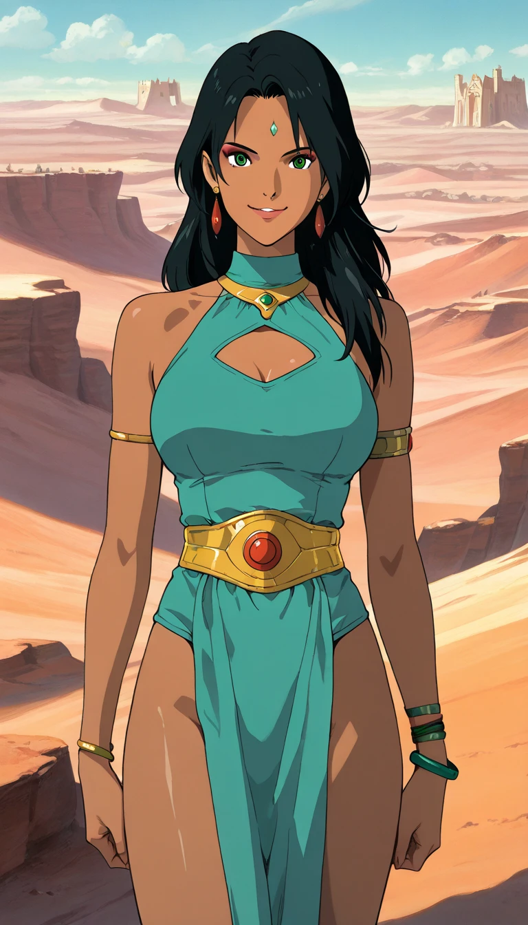 (masterpiece, top quality, best quality, official art, beautiful and aesthetic:1.2), (1girl:1.3), long and straight black hair, tanned skin, extremely detailed, portrait, looking at viewer, solo, (full body:0.6), detailed background, close up, mischievous eyes, (hot summer Egypt theme:1.1), Egyptian priestess, gold Egyptian mask, pharaoh death mask, gold facemask, winged eyeliner, (very long neck), pharaoh nemes, mummy mask, Persian nose, bold nose, long nose, arched nose, downturned nose, large nose, dark tan skin, charlatan, smirk, mysterious, walking in desert, revealing white and gold and sapphire Egyptian silks, cobra headdress, white short skirts, ((draped halter top), criss cross halter top, criss-cross halter top, criss cross straps, criss-cross straps), jewelry, white fabric, gold jewelry, precious stones, dual sickle swords, ((((gigantic breasts, cleavage, skindentation)))), slim waist, slim hips, long legs, ancient (Egyptian temple exterior:1.1) background, dark mysterious lighting, shadows, magical atmosphere, dutch angle,
