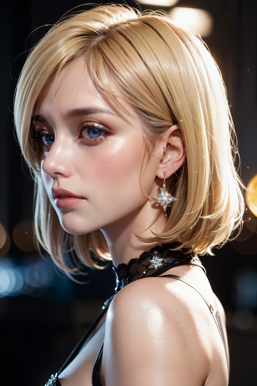 Close-up portrait on a side face (in profile) of a beautiful girl with realistic skin, bright clear eyes, looking down; shiny blonde hair, bright lights and sparkles around her, chaotic background scenery, cinematic bright, cinematic scene