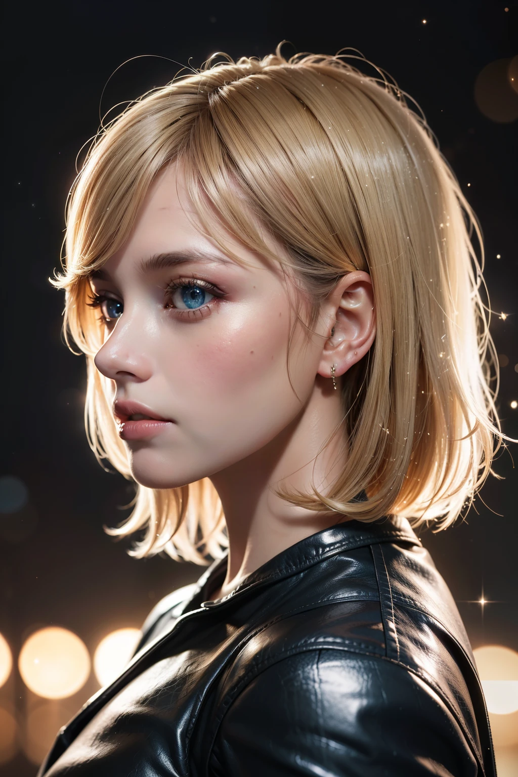Close-up portrait on a side face (in profile) of a beautiful girl with realistic skin, bright clear eyes, looking down; shiny blonde hair, bright lights and sparkles around her, chaotic background scenery, cinematic bright, cinematic scene