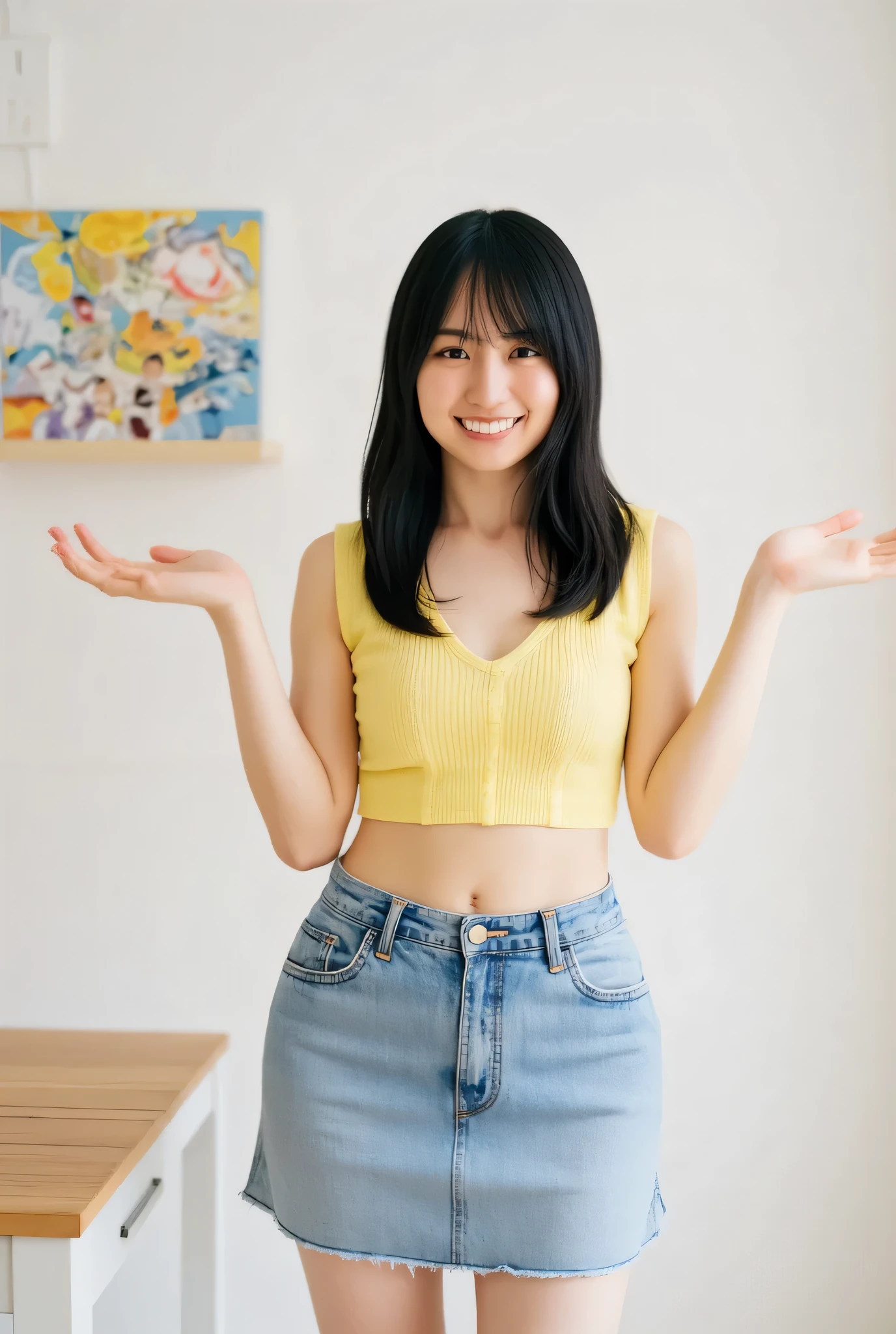  a girl from the side  ,   HD,   top quality ,   rose twin tail 、smile、
  tight miniskirt holding 3 hands 、   I can see my stomach 、  cleavage cutout  、  long socks 、