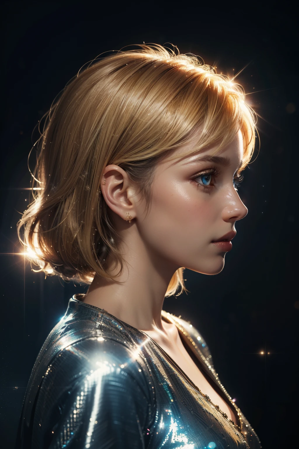 Close-up portrait on a side face (in profile) of a beautiful girl with realistic skin, bright clear eyes, looking down; shiny blonde hair, bright lights and sparkles around her, chaotic background scenery, cinematic bright, cinematic scene