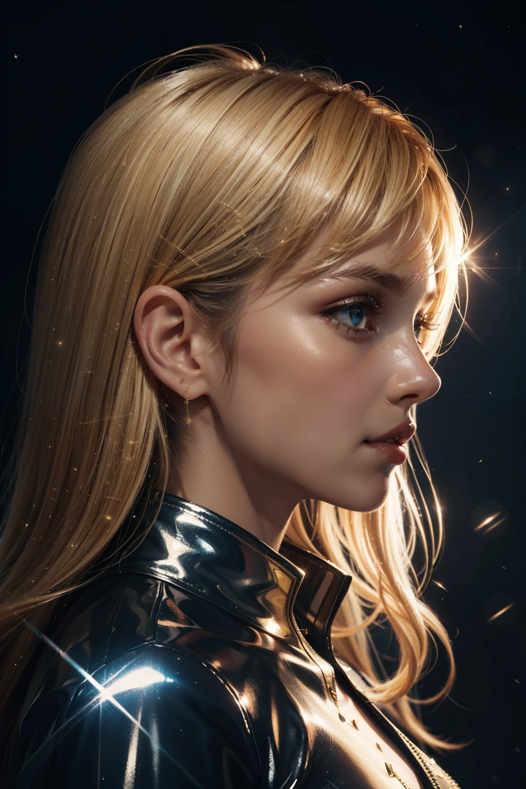 Close-up portrait on a side face (in profile) of a beautiful girl with realistic skin, bright clear eyes, looking down; shiny blonde hair, bright lights and sparkles around her, chaotic background scenery, cinematic bright, cinematic scene