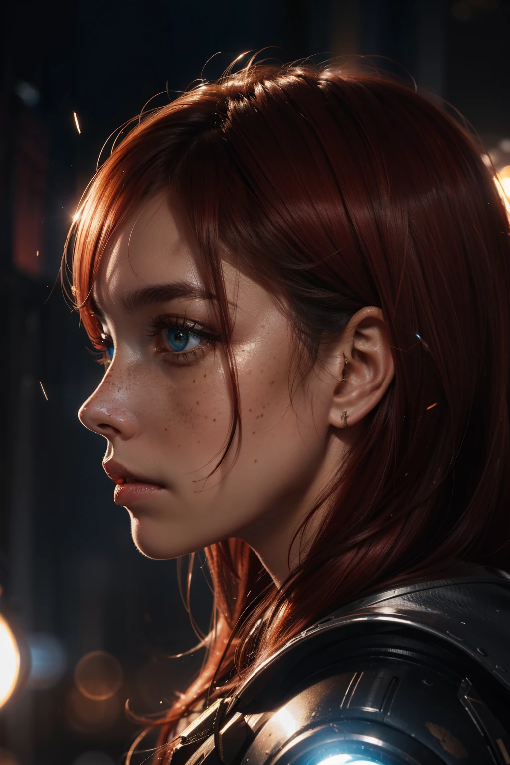 Close-up portrait on a side face (in profile) of a beautiful girl with realistic skin, bright clear eyes, looking down; shiny redhair, bright lights and flying shrapnel around her, chaotic background scenery, cinematic bright, cinematic scene, freckles
