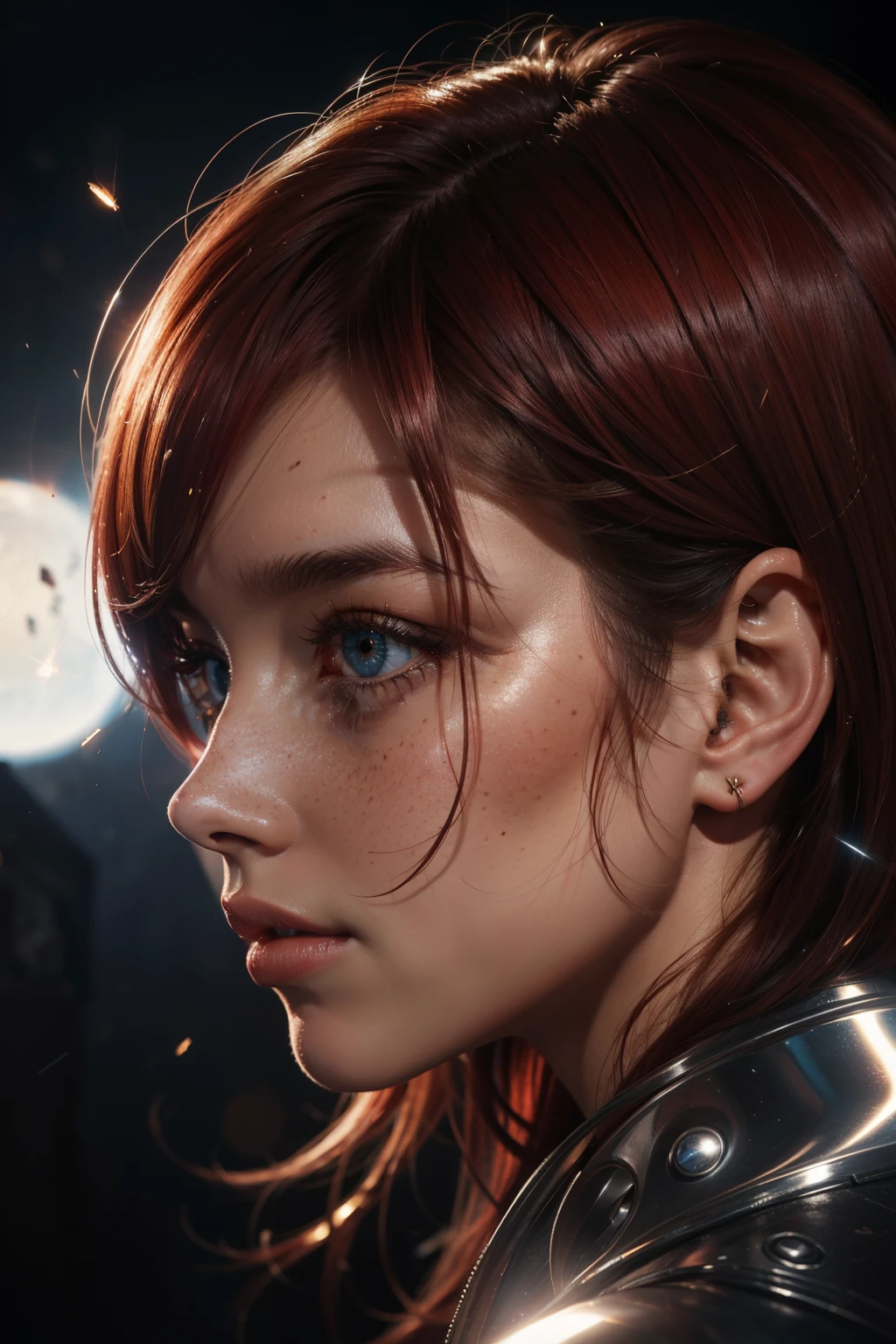 Close-up portrait on a side face (in profile) of a beautiful girl with realistic skin, bright clear eyes, looking down; shiny redhair, bright lights and flying shrapnel around her, chaotic background scenery, cinematic bright, cinematic scene, freckles