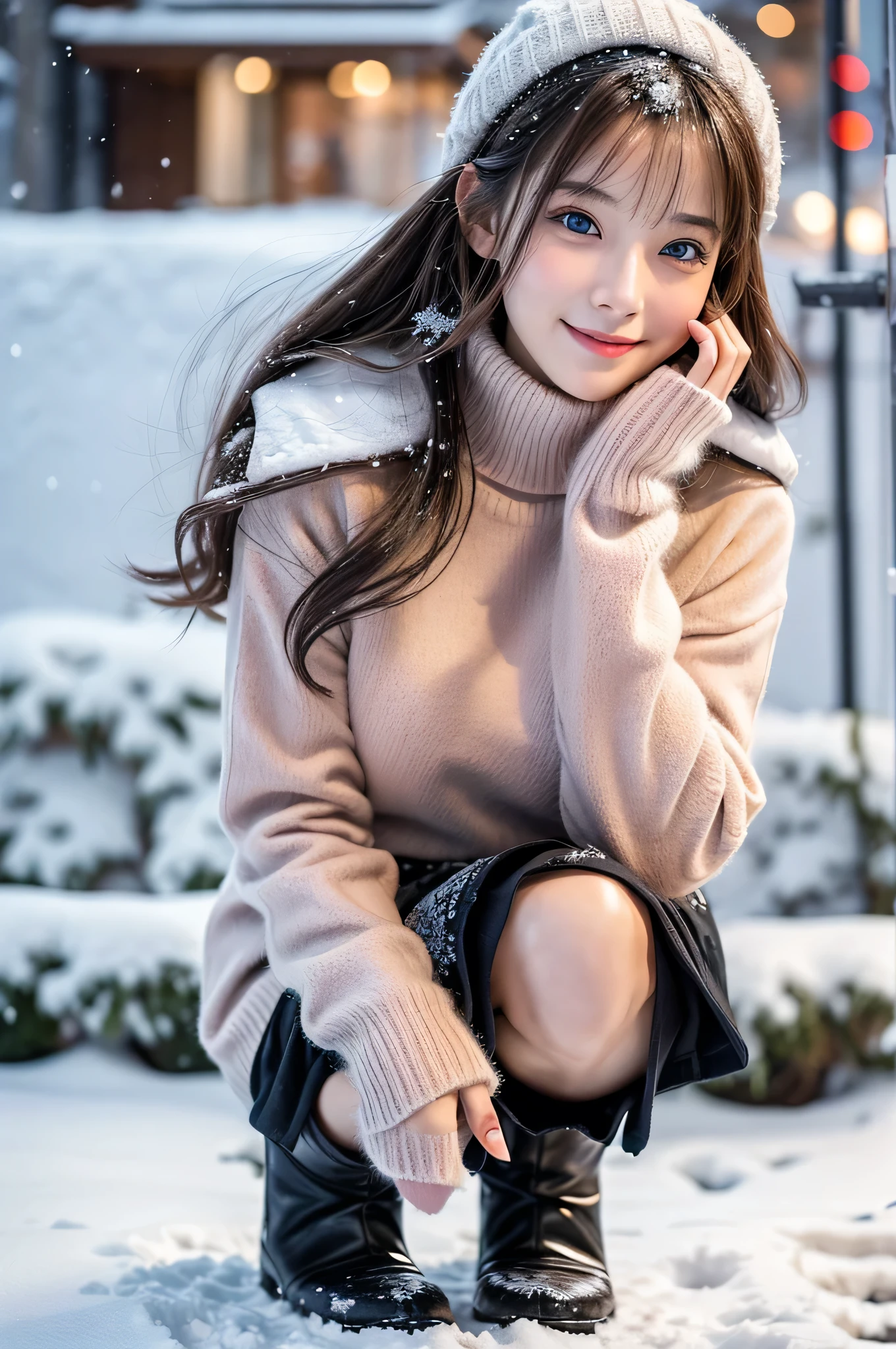 A happy smile looking at this、autumn sweater、(masutepiece:1.3, Photorealsitic:1.4, 8K), top-quality, masterpiece, 超A high resolution, Perfect dynamic composition, Highly detailed skin and facial texture:1.3, A detailed eye, Detailed limbs, Winters, snowflakes falling:1.2, Snowy landscape:1.2, 1girl in, Cute sexy 18 year old slim woman, Fair skin, tilt the neck, ((A smile:0.9, Totally captivates you:0.9)), (coat:1.4, blue long sleeve turtleneck sweater:1.3, High waist mini skirt:1.1), ((tiny chest:0.9)), Short boots, (Facing the front, Squat with your knees bent), (Beautiful brown eyes, Eyes that feel beautiful eros:0.85), Sexy face:0.4, (A mouthfeel that feels beautiful eros:0.85), ((Too cute beauty:0.9))