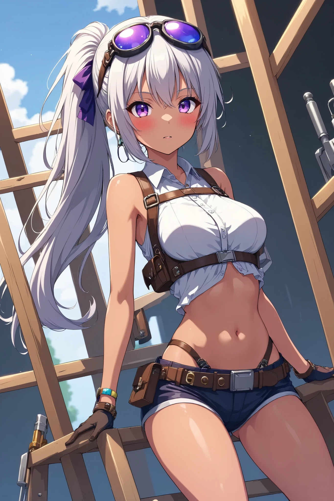 Beautiful woman doing construction , stepladder、 engineer's tools on a tanned leather tool belt、Full Harness、Anime