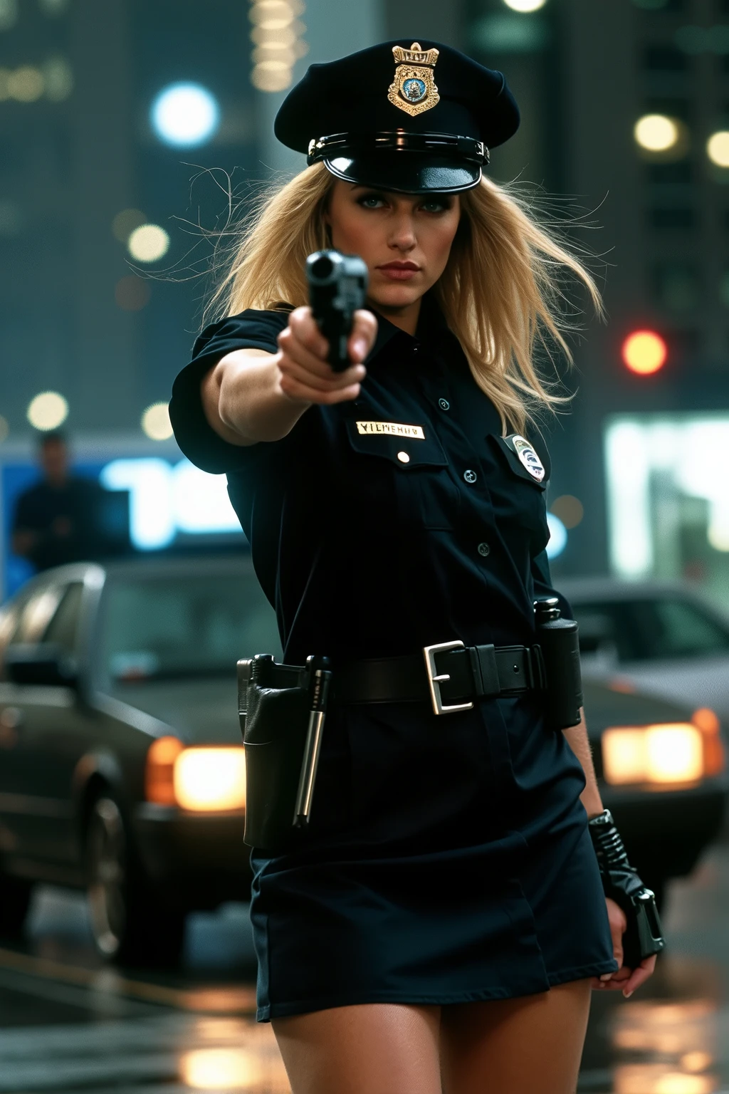 1 Female、American Beauty、Super beautiful、Facial beauty、blue eyes、Standing、New York Police Uniform、mini skirt、Golden Hair、Night Street、Backlight、The wind is blowing、it's raining、He is looking intently at the barrel of the gun.、Thigh-up shot、pointing pistol