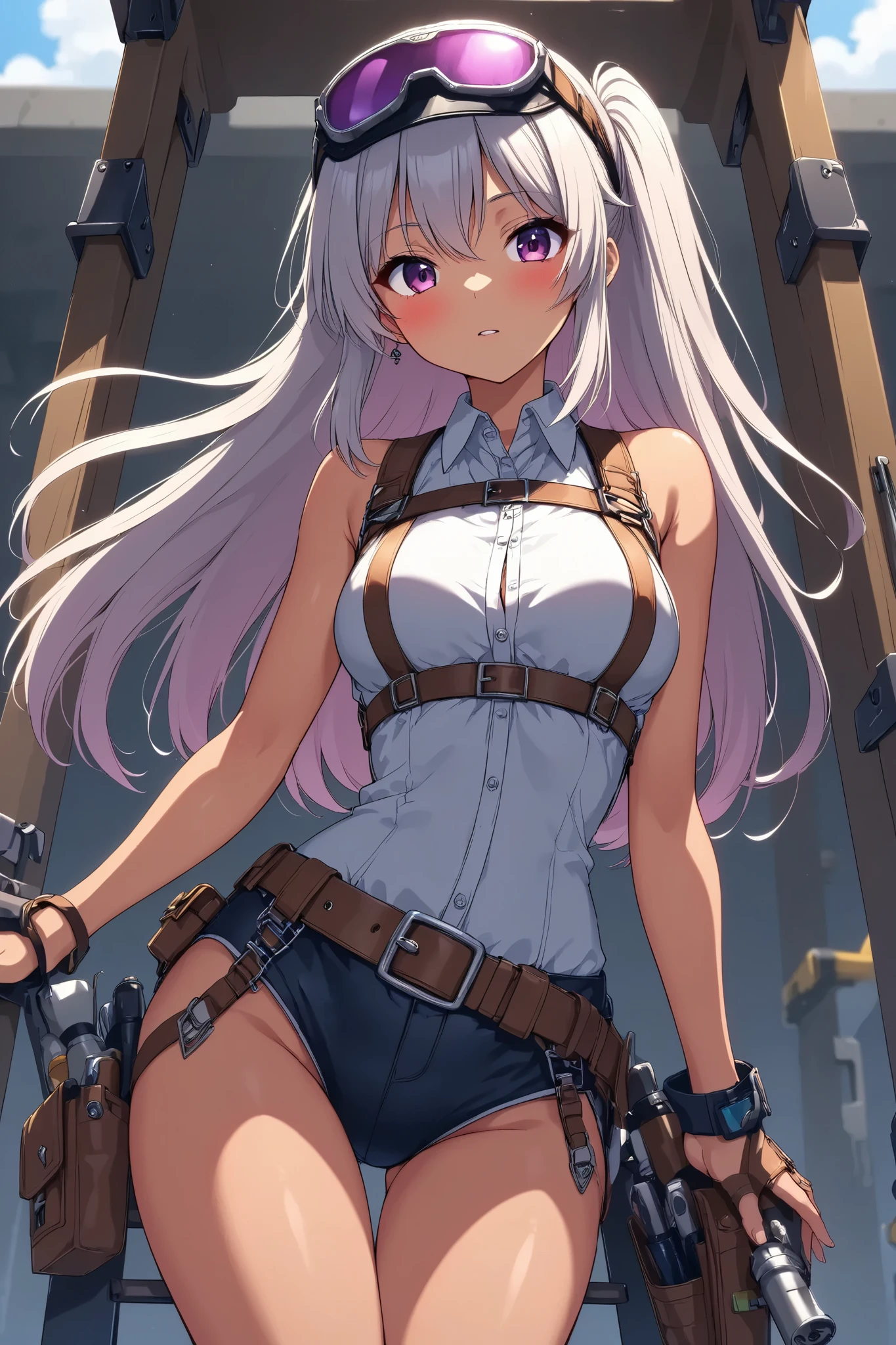 Beautiful woman doing construction , stepladder、 engineer's tools on a tanned leather tool belt、Full Harness、Anime