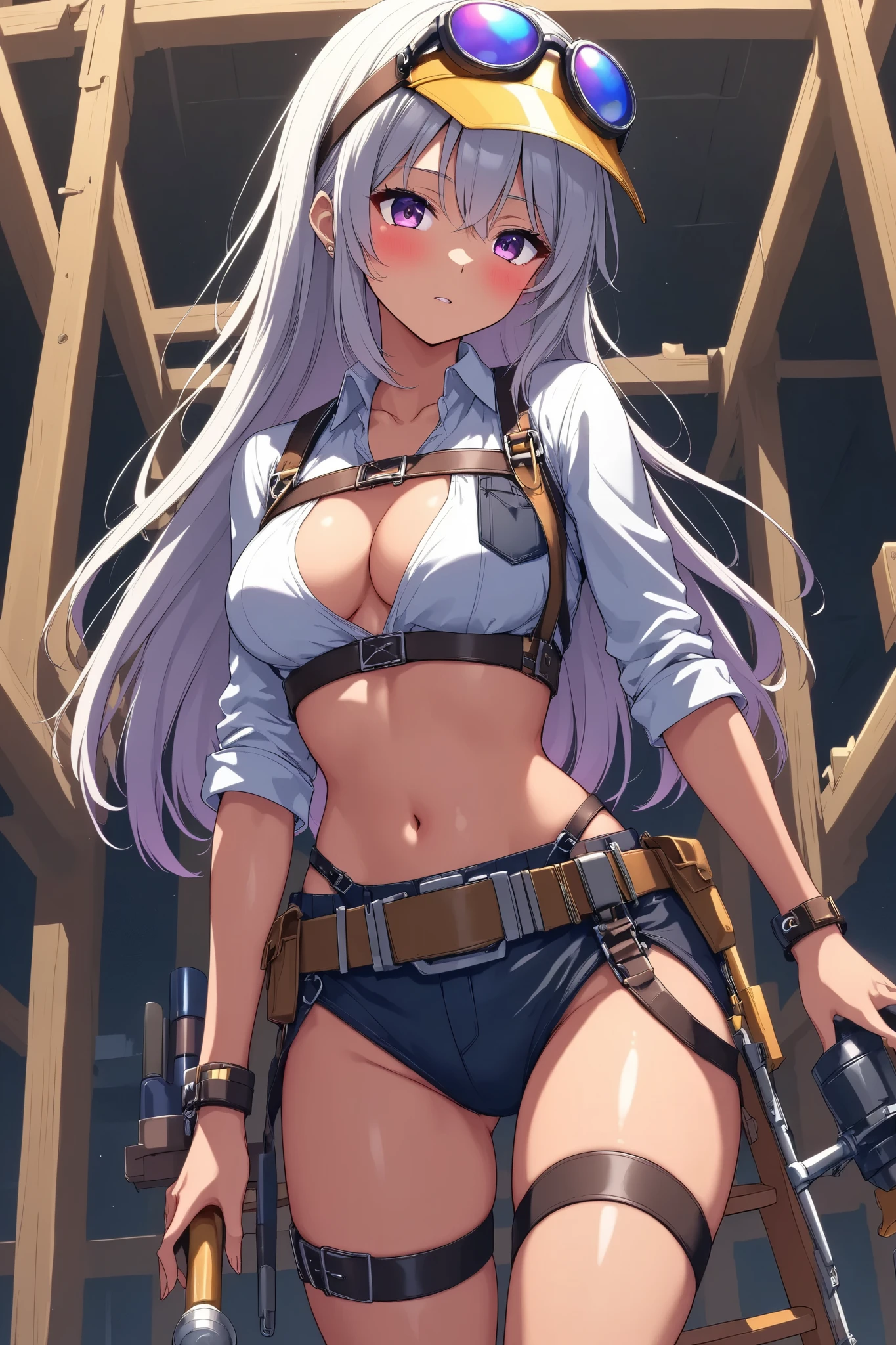 Beautiful woman doing construction , stepladder、 engineer's tools on a tanned leather tool belt、Full Harness、Anime