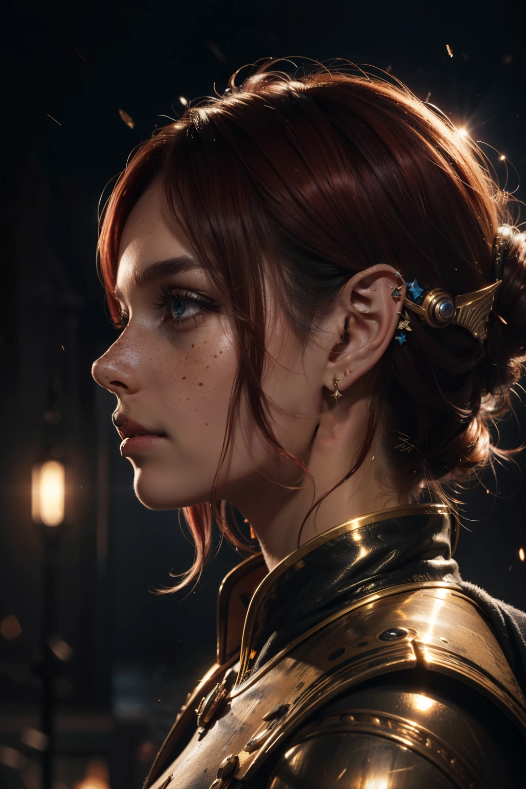 Close-up portrait on a side face (in profile) of a elf beautiful girl with realistic skin, dark eyes, looking down; shiny redhair, bright lights and flying shrapnel around her, chaotic background scenery, cinematic bright, cinematic scene, freckles