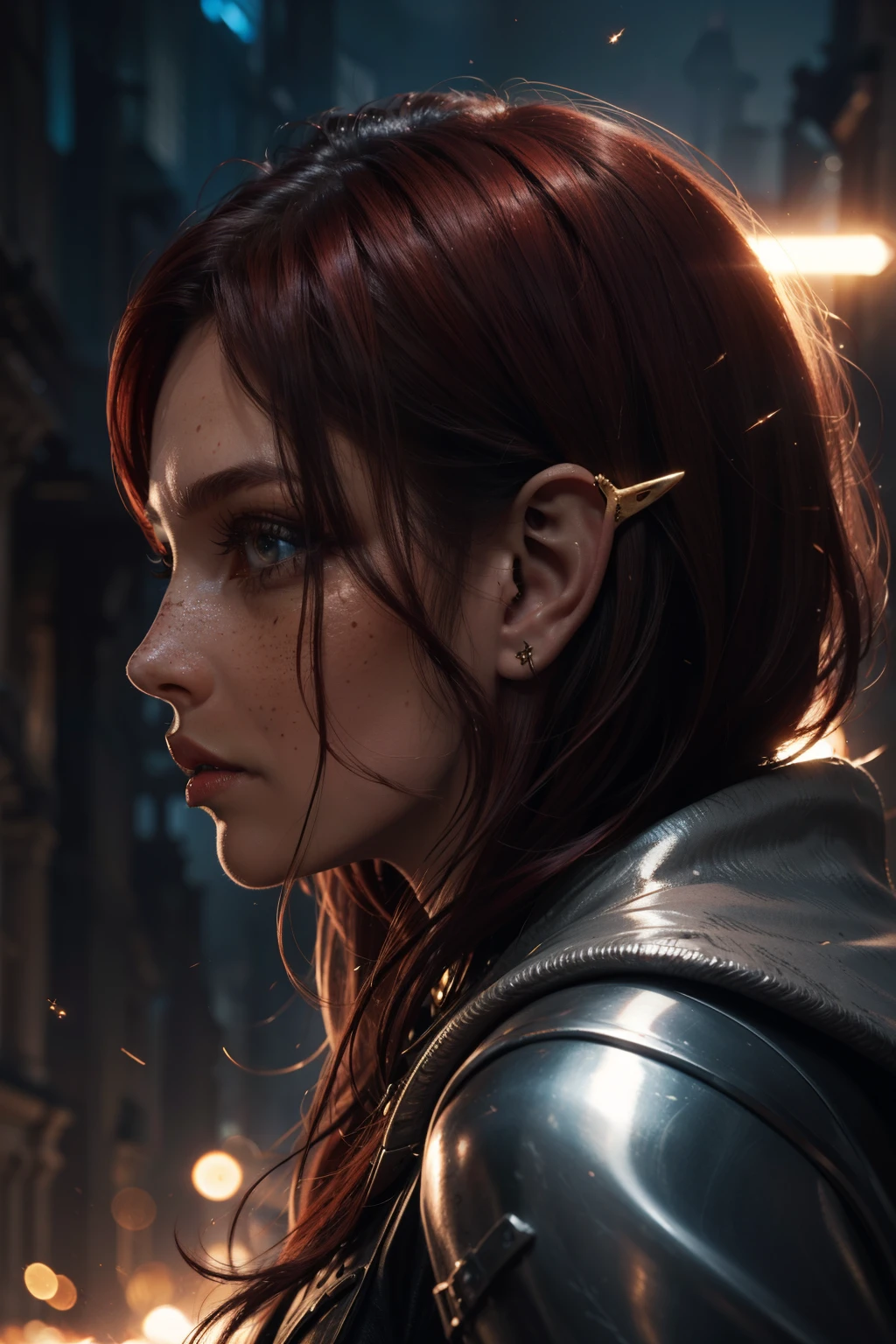 Close-up portrait on a side face (in profile) of a elf beautiful girl with realistic skin, dark eyes, looking down; shiny redhair, bright lights and flying shrapnel around her, chaotic background scenery, cinematic bright, cinematic scene, freckles