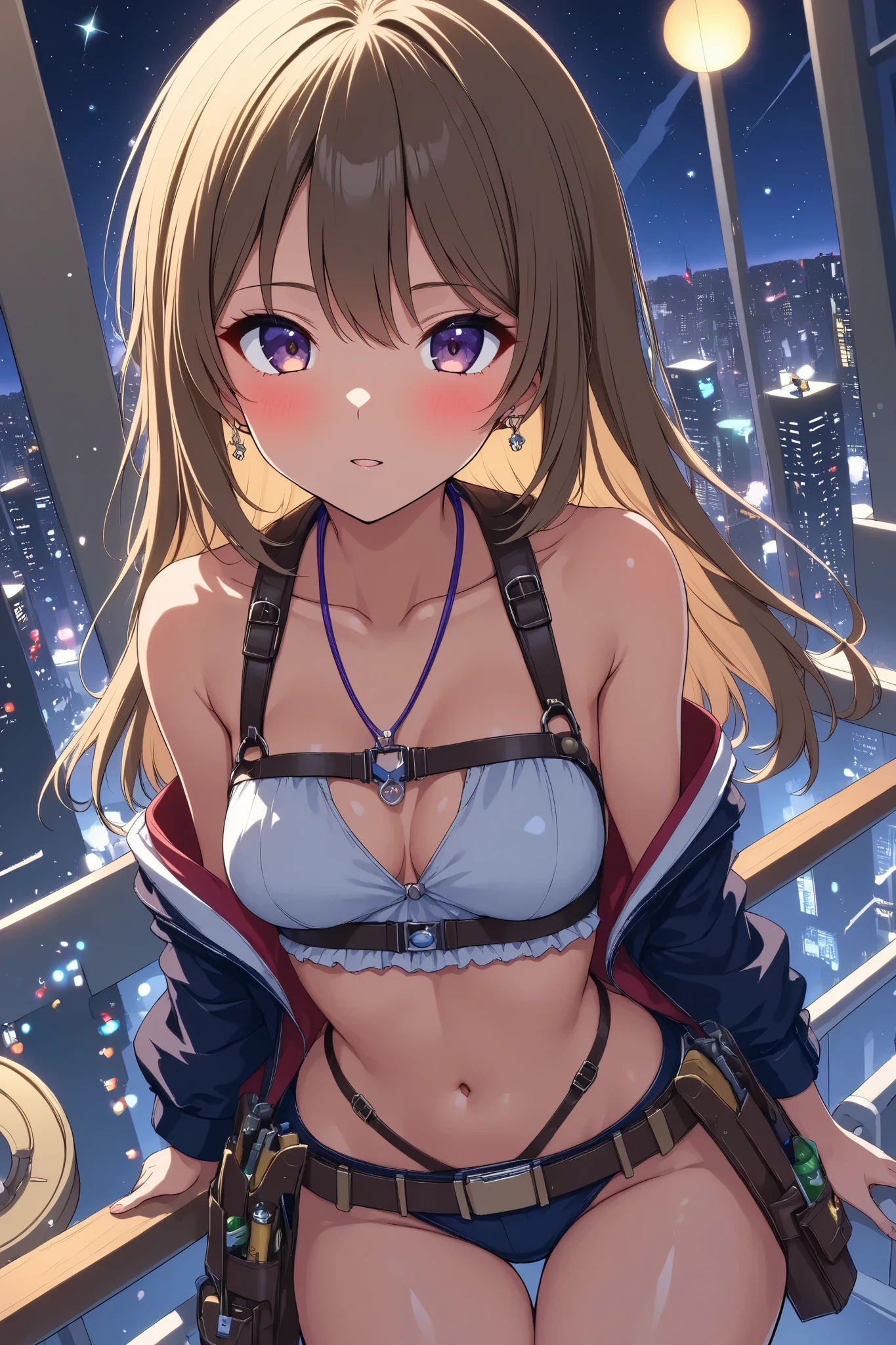 Beautiful woman doing construction , stepladder、Shiny brown skin、 engineer's tools on a tanned leather tool belt、Full Harness、Anime、Rooftop of a skyscraper with a night view of the big city、 beautiful starry sky