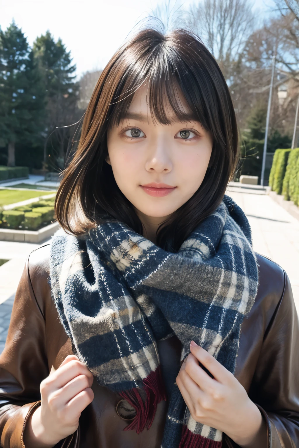 (masterpiece:1.2, Best Quality),,Anatomically perfect、 simple background、Winter clothes、20yo、garden,bangs,