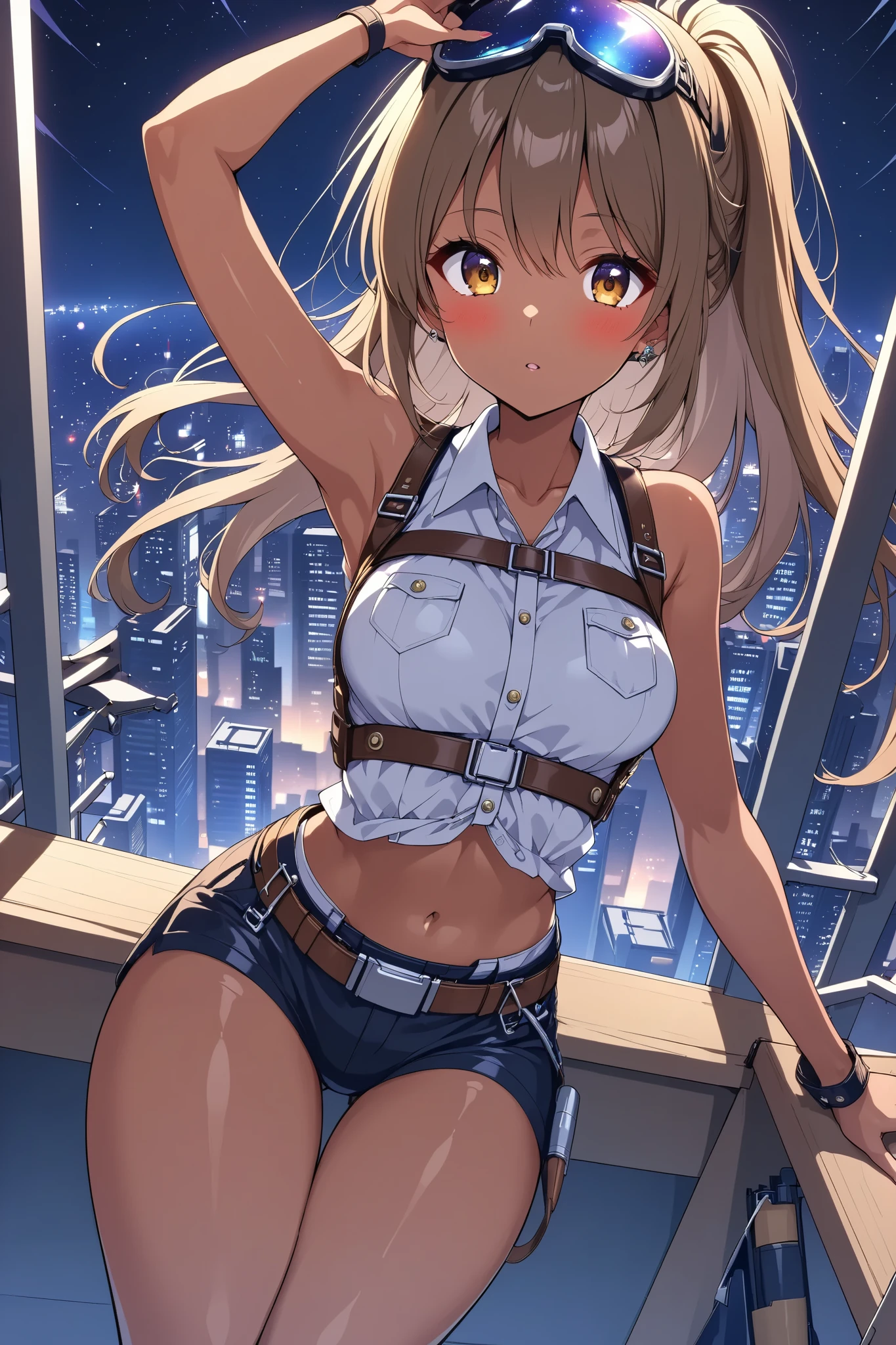 Beautiful woman doing construction , stepladder、Shiny brown skin、 engineer's tools on a tanned leather tool belt、Full Harness、Anime、Rooftop of a skyscraper with a night view of the big city、 beautiful starry sky