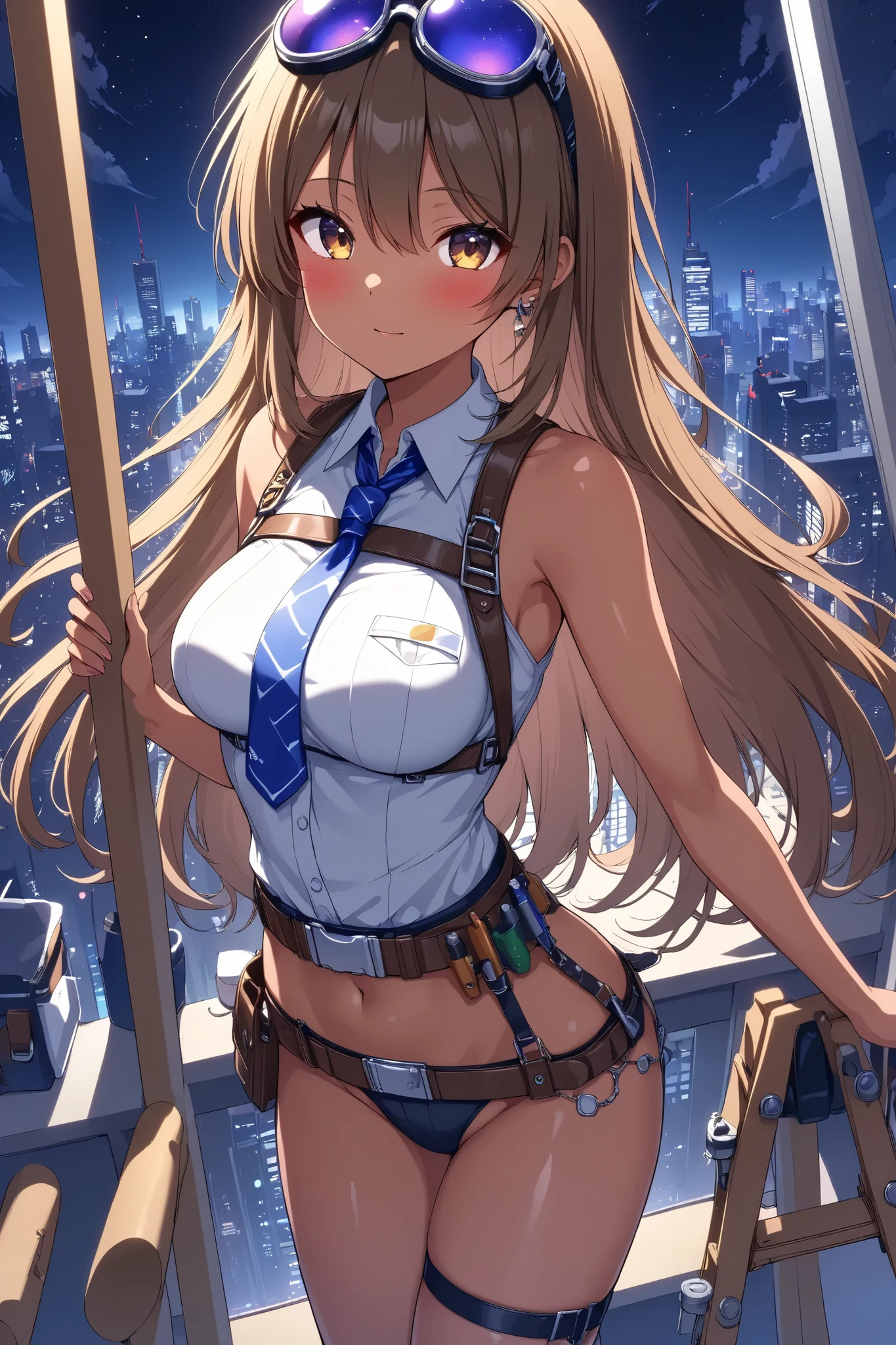 Beautiful woman doing construction , stepladder、Shiny brown skin、 engineer's tools on a tanned leather tool belt、Full Harness、Anime、Rooftop of a skyscraper with a night view of the big city、 beautiful starry sky