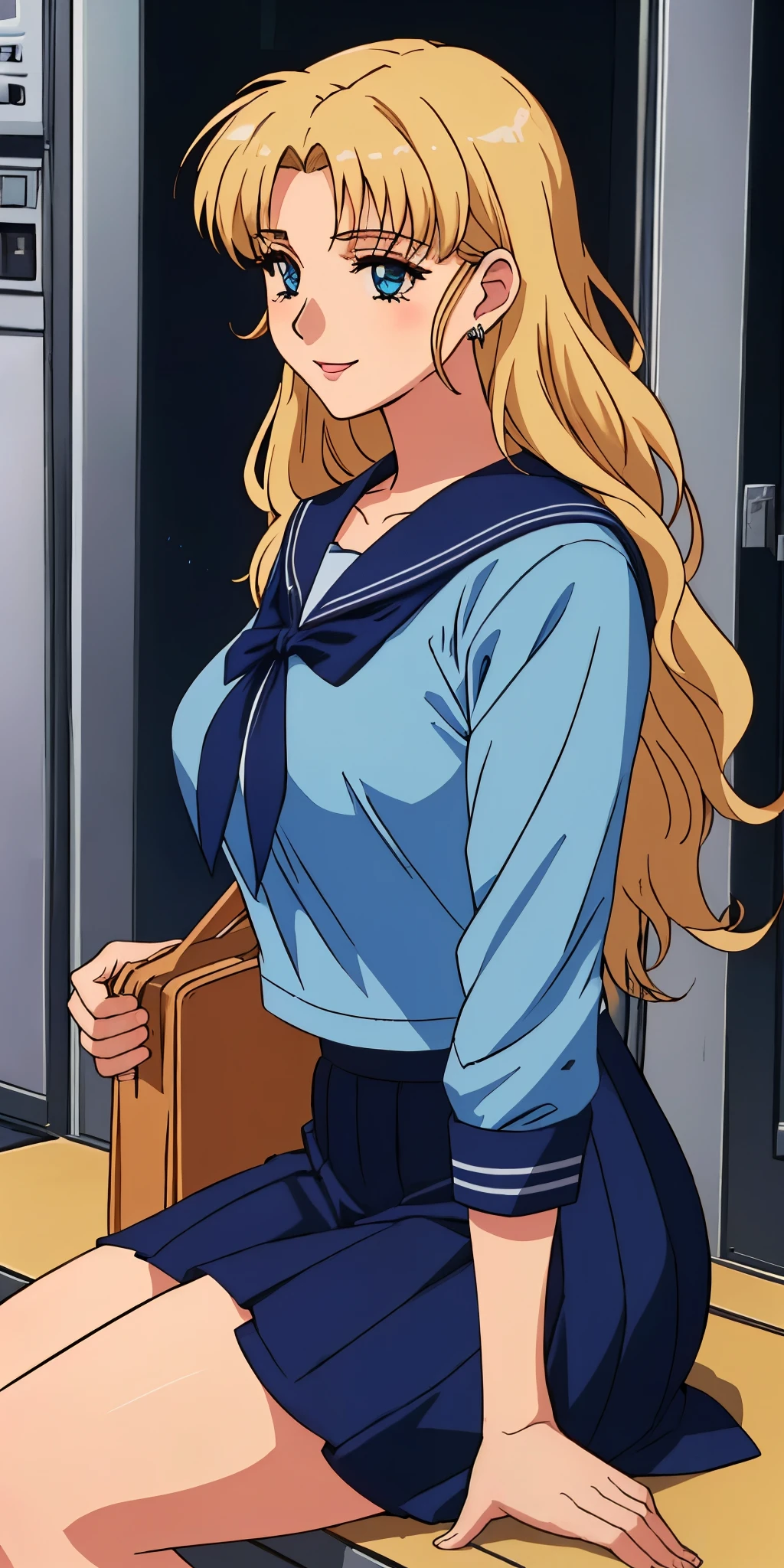 Young woman drawn in 80’s anime art style.
Retro anime. Vintage Anime. Classical Anime.
She has long and wavy blonde hair, blue eyes, full lips, and a beauty mark located under the right side of her mouth. She is well known for her curvaceous figure of which her most distinctive trait is her very large breasts. She is also wearing jewelry and a seductive smile.
She is wearing a sailor fuku (セーラー服, sērā fuku, sailor outfit) is a common japanese style of uniform worn by women, traditionally by high school female students.
The uniform generally consists of a sailor-styled blouse attached with a (Navy blue sailor-style collar) and a Dark Navy Blue Sailor Blouse. The length of the long skirt goes down past her ankle.
A ribbon is tied in the front and laced through a loop attached to the sailor blouse. The color is the ribbon is red. (RED RIBBON)
(Dark Navy Blue Sailor Shirt)
(Dark Navy Pleated Skirt)
She is holding a briefcase
(High School)