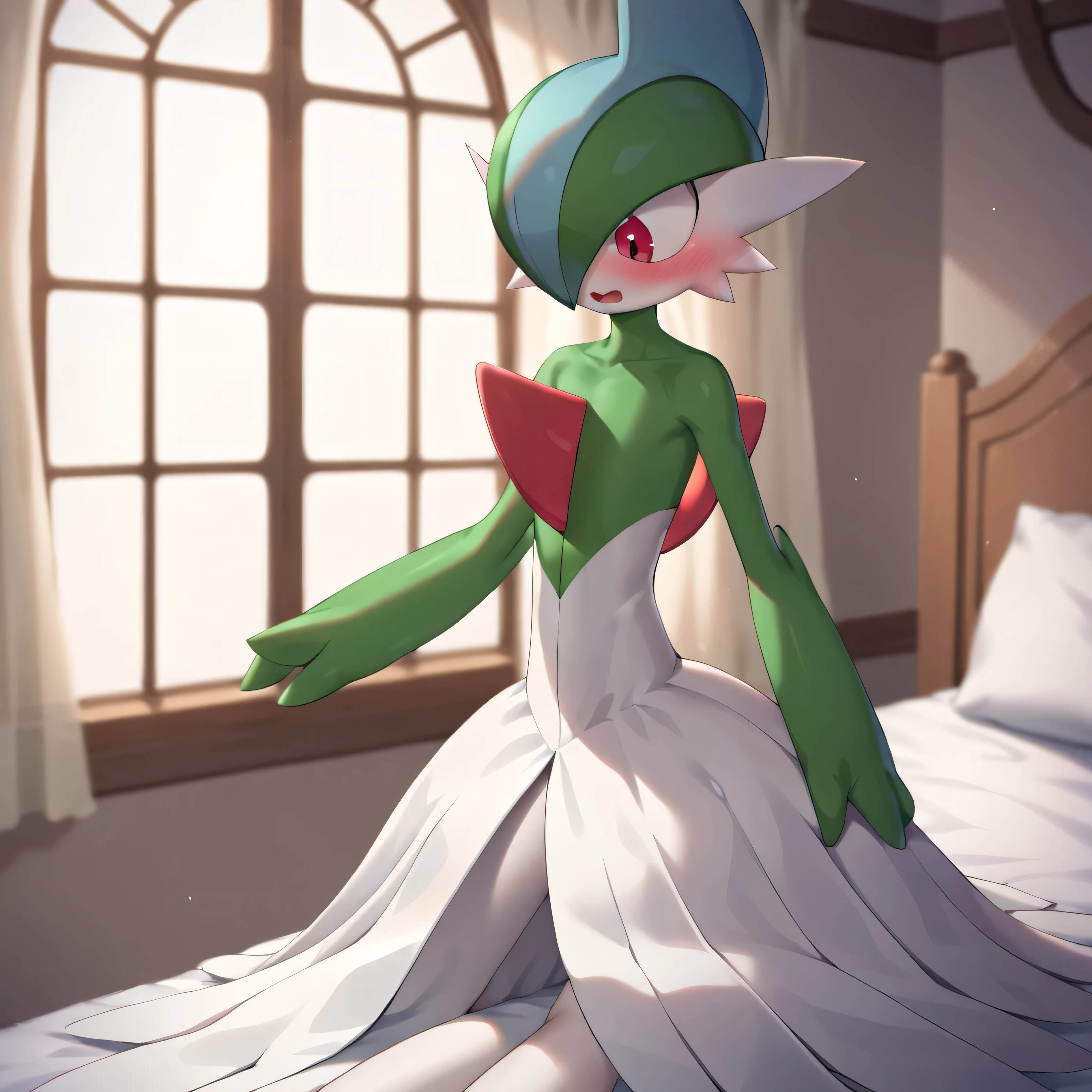 masterpiece, best quality, highly detailed, detailed eyes, detailed face, detailed skin, score_9, score_8_up, score_7_up, full body shot, in mansion, on bed, gallade, gardevoir, couple, 1boy, 1girl, 2pokemon, green hair, red eyes, head crest, green body, white body, pokemon (creature), looking at each other, surprised, flustered, embarrassed, blushing,