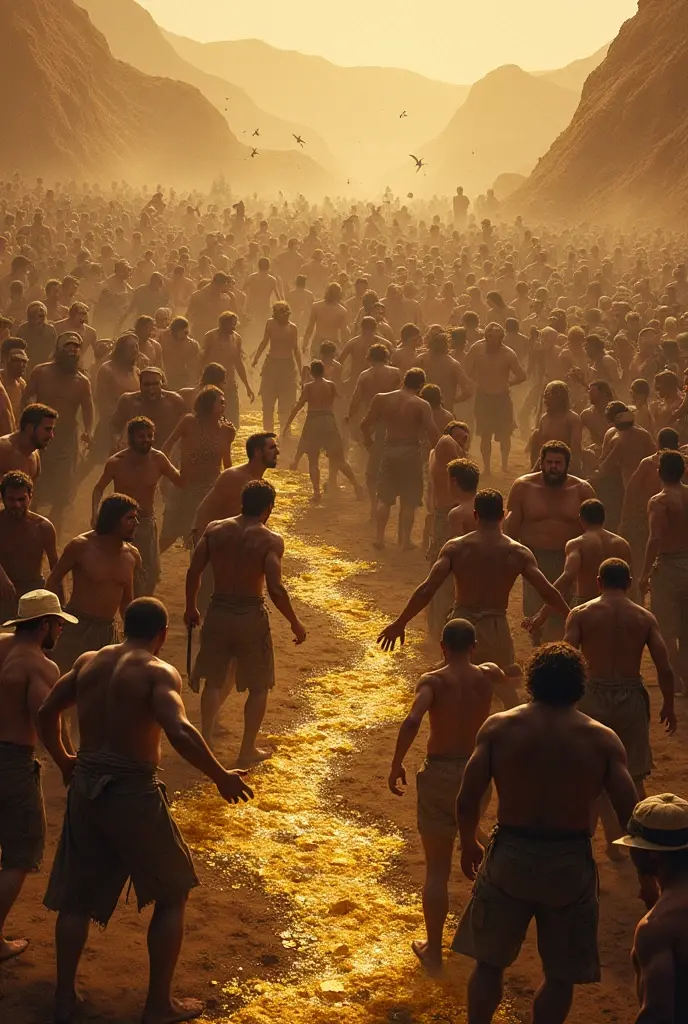 Millions of People fight among each other at the drought river over gold nugget