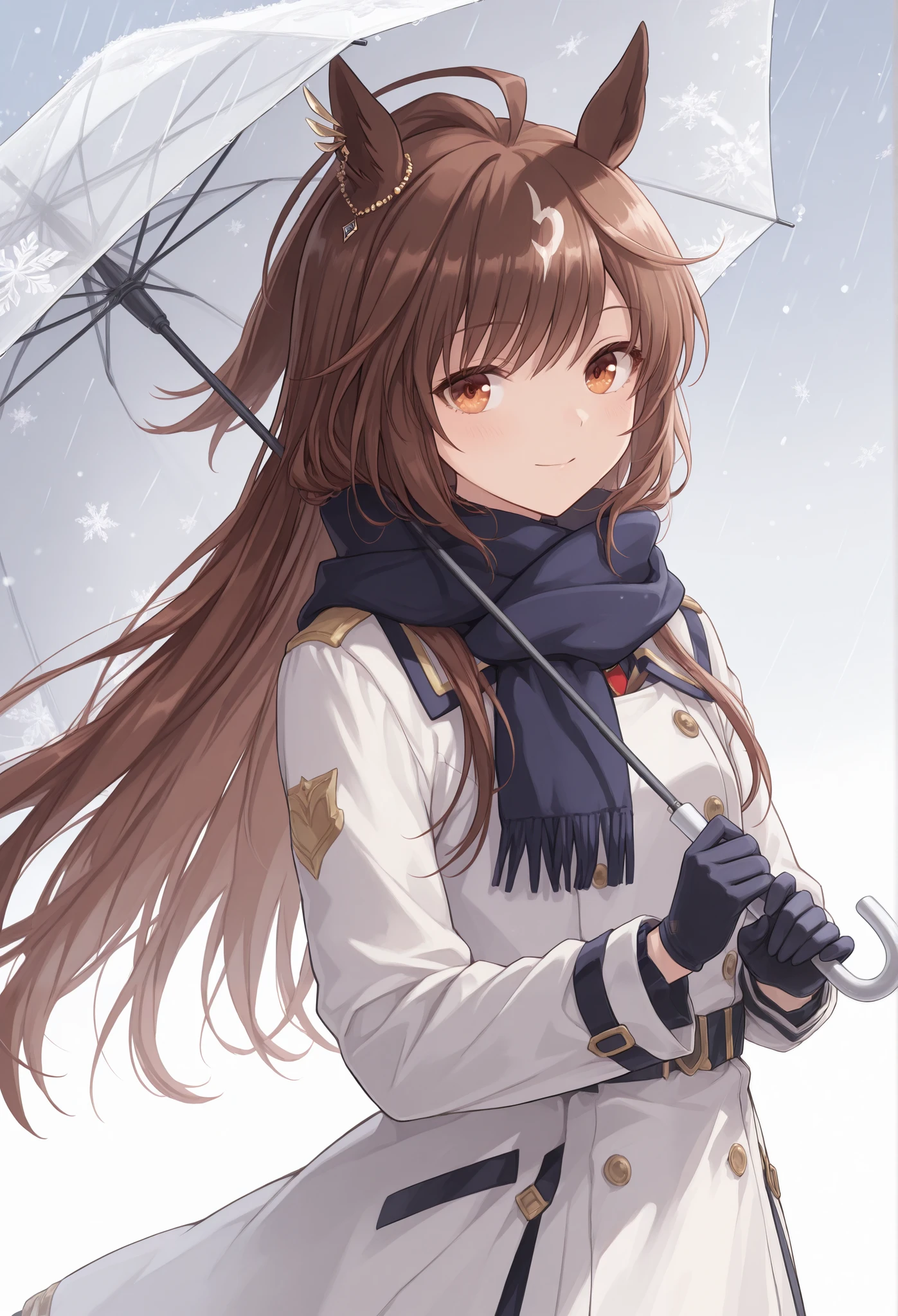 {{{ focus on the upper body :1.5}}},( high resolution),( high resolution), ( unity 8k wallpaper),( detailed image ), {{{Type Moon :1.7}}},((draw:1.5)), hard \{{{Uma Musume\}}}, A young girl walking to school on a winter morning, holding an umbrella. Snowflakes gently fall around her, and she wears a warm coat, scarf, and gloves. The atmosphere is calm and serene.